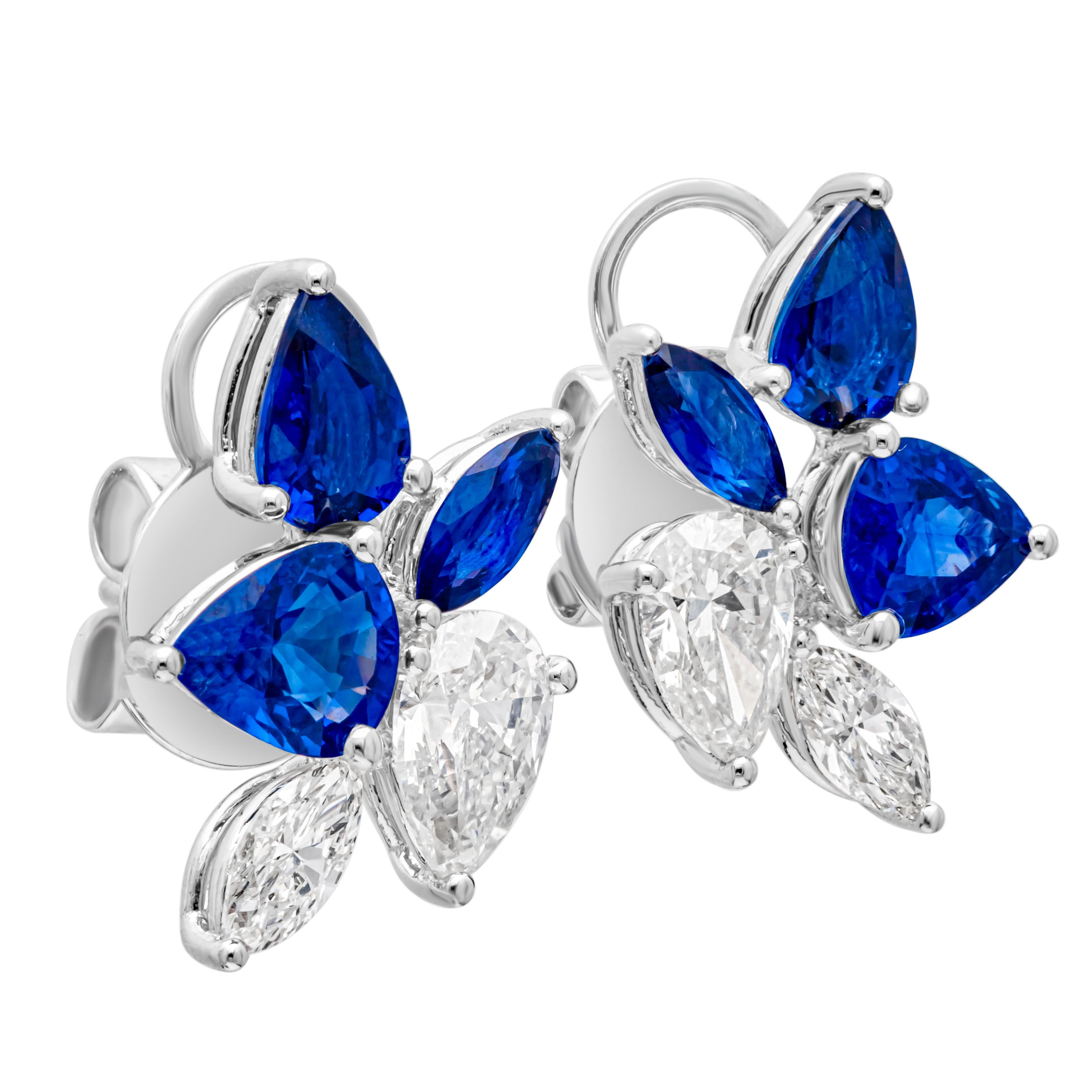 Contemporary 4.08 Carats Total Mixed Cut Blue Sapphire & Diamond Stud Earrings For Sale