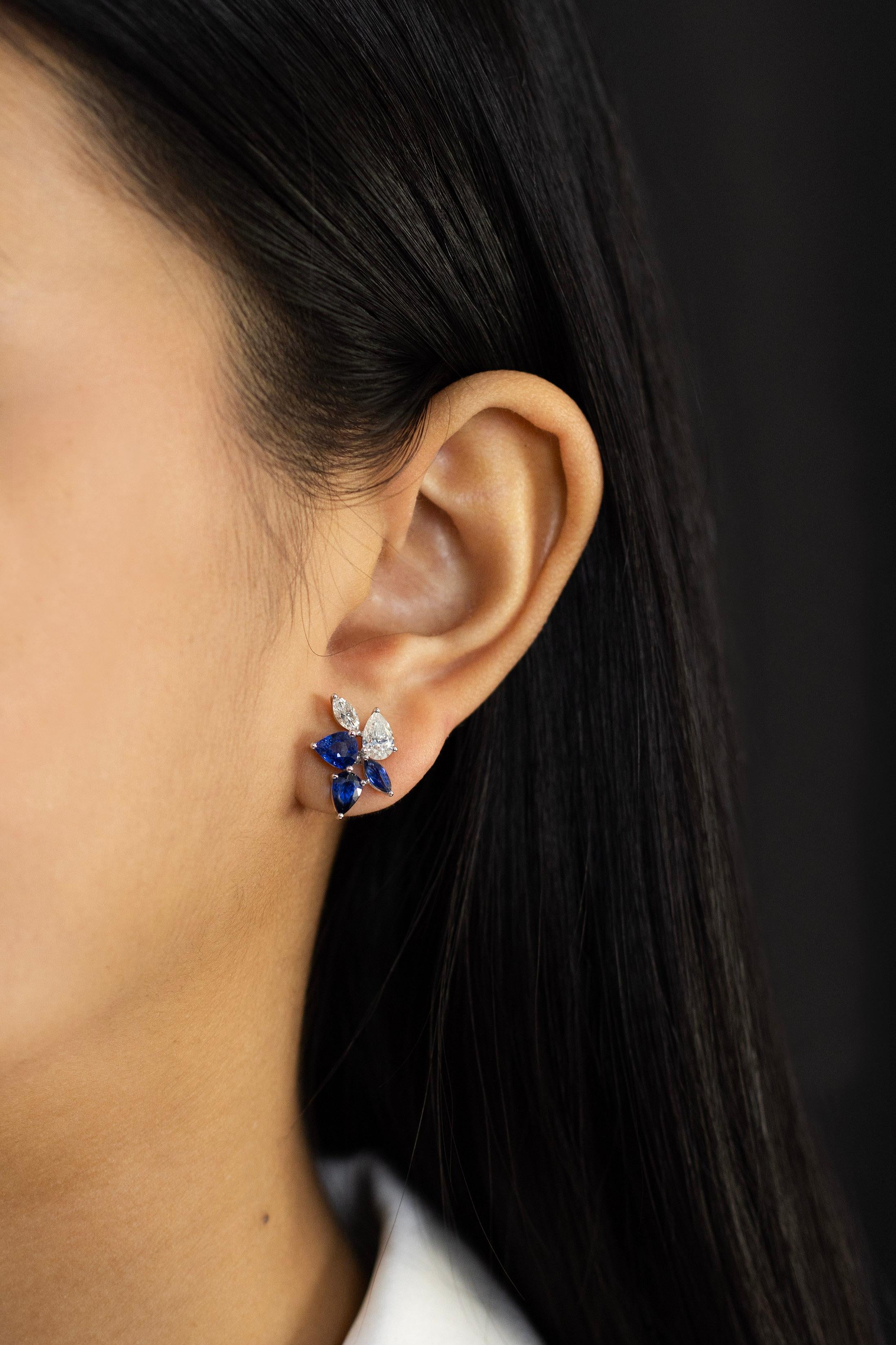 Women's 4.08 Carats Total Mixed Cut Blue Sapphire & Diamond Stud Earrings For Sale