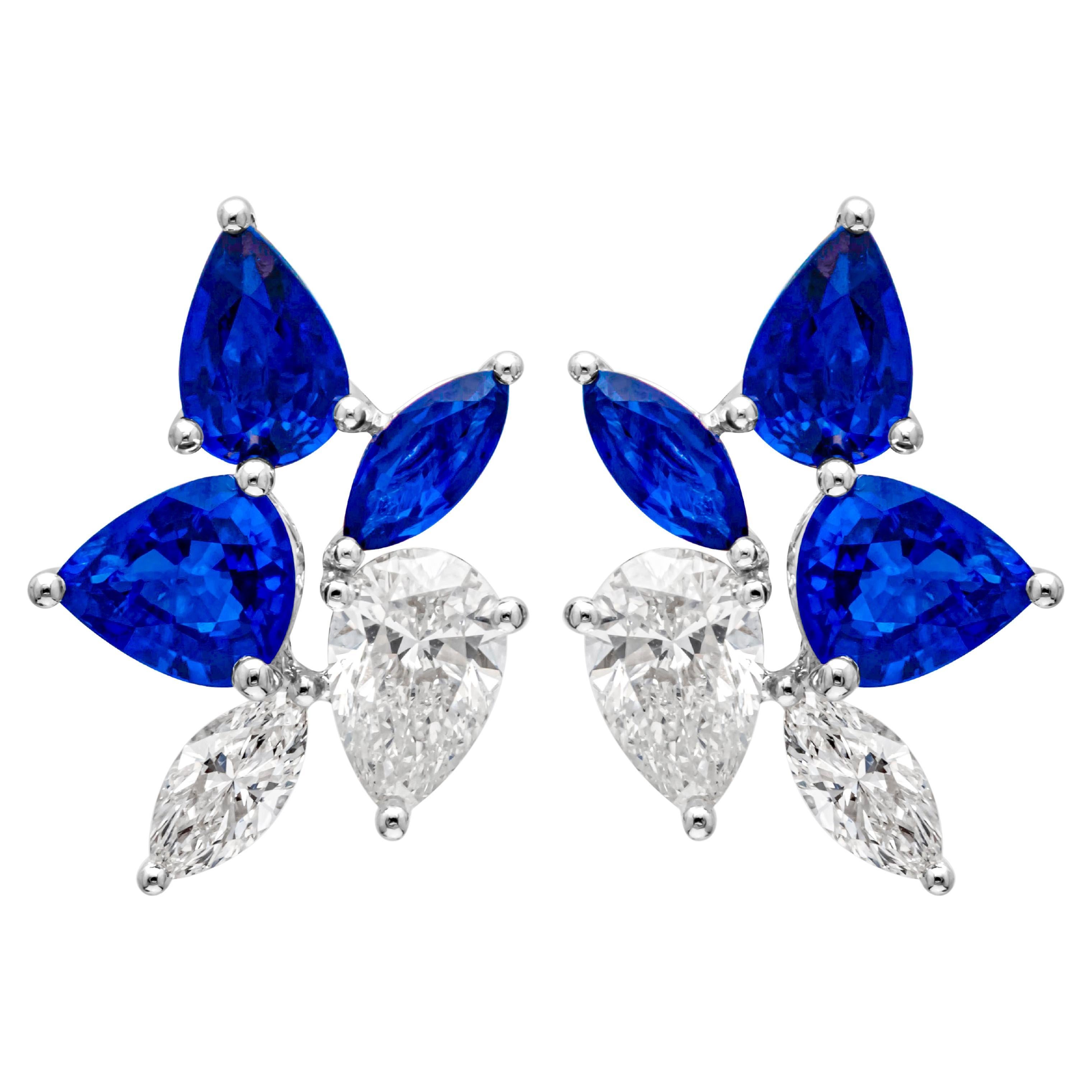 4.08 Carats Total Mixed Cut Blue Sapphire & Diamond Stud Earrings For Sale