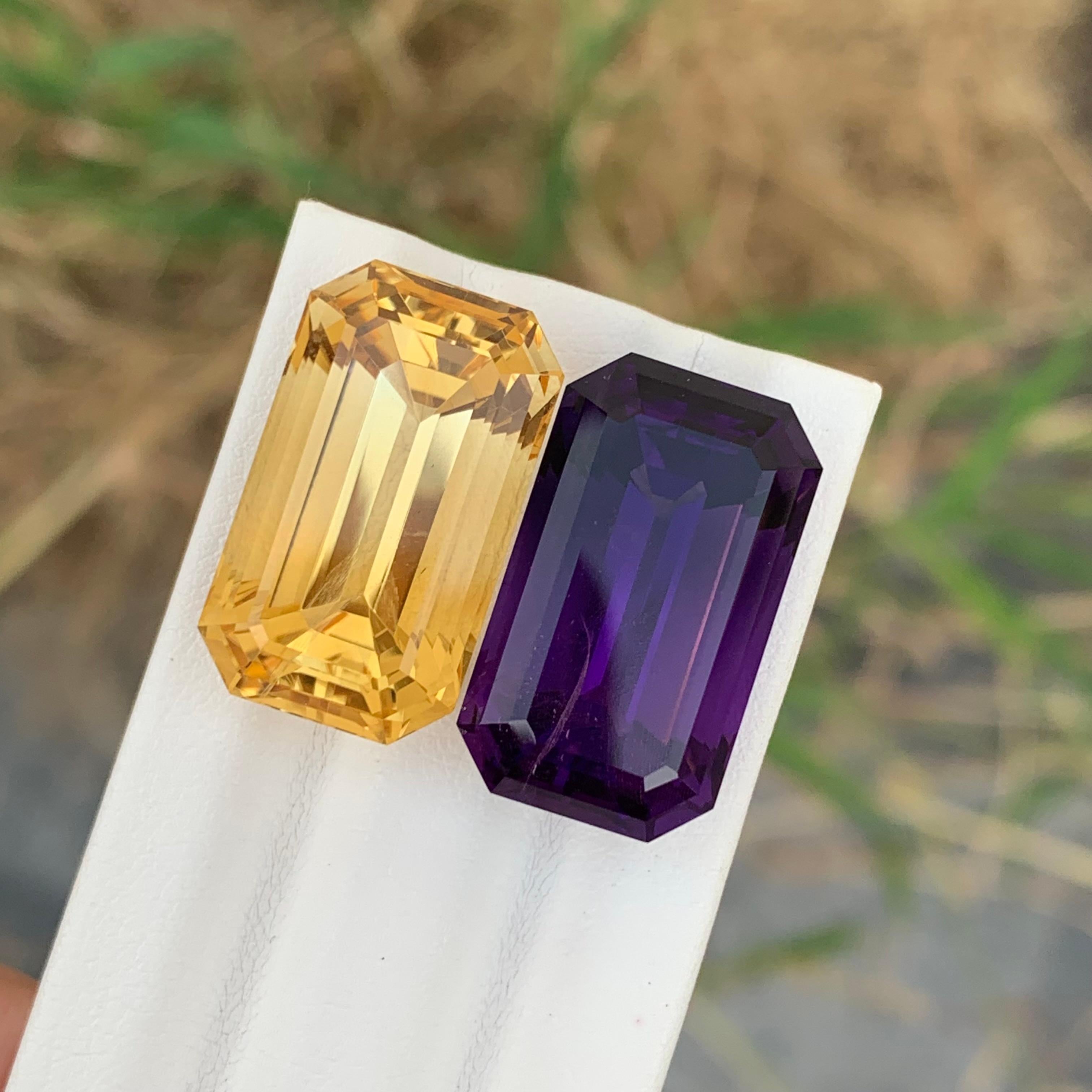Loose Citrine And Amethyst Reverse Pair 

Weight: 40.80 Carat 
Dimension Of Amethyst: 21 x 12.2 x 11.3 Mm
Dimension Of Citrine : 20 x 12.1 x 11 Mm 
Origin : Brazil
Shape: Emerald 
Treatment : Non 

Amethyst, a stunning variety of quartz known for