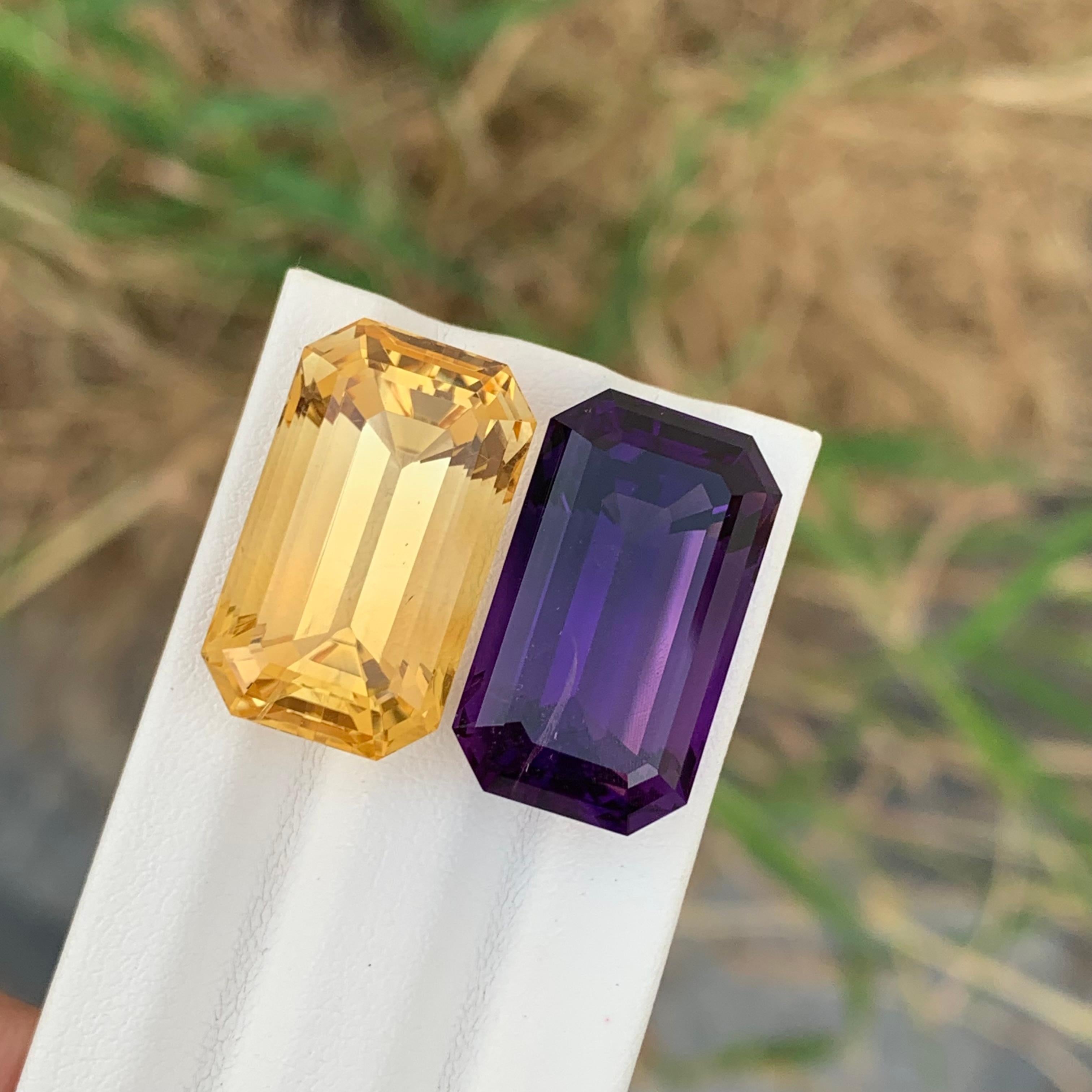 Emerald Cut 40.80 Carat Natural Loose Citrine And Amethyst Reverse Pair Emerald Shape Gem For Sale