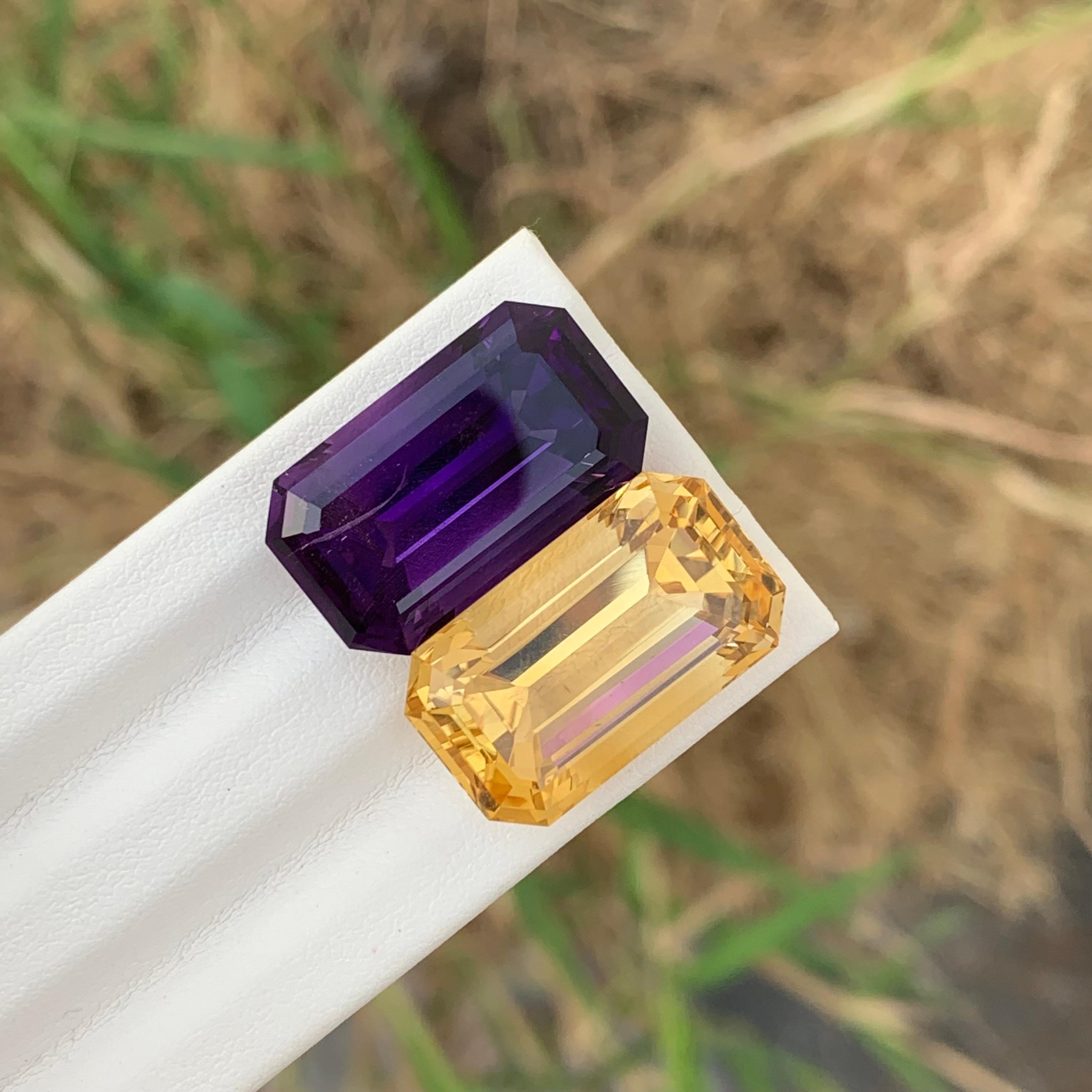 Women's or Men's 40.80 Carat Natural Loose Citrine And Amethyst Reverse Pair Emerald Shape Gem For Sale