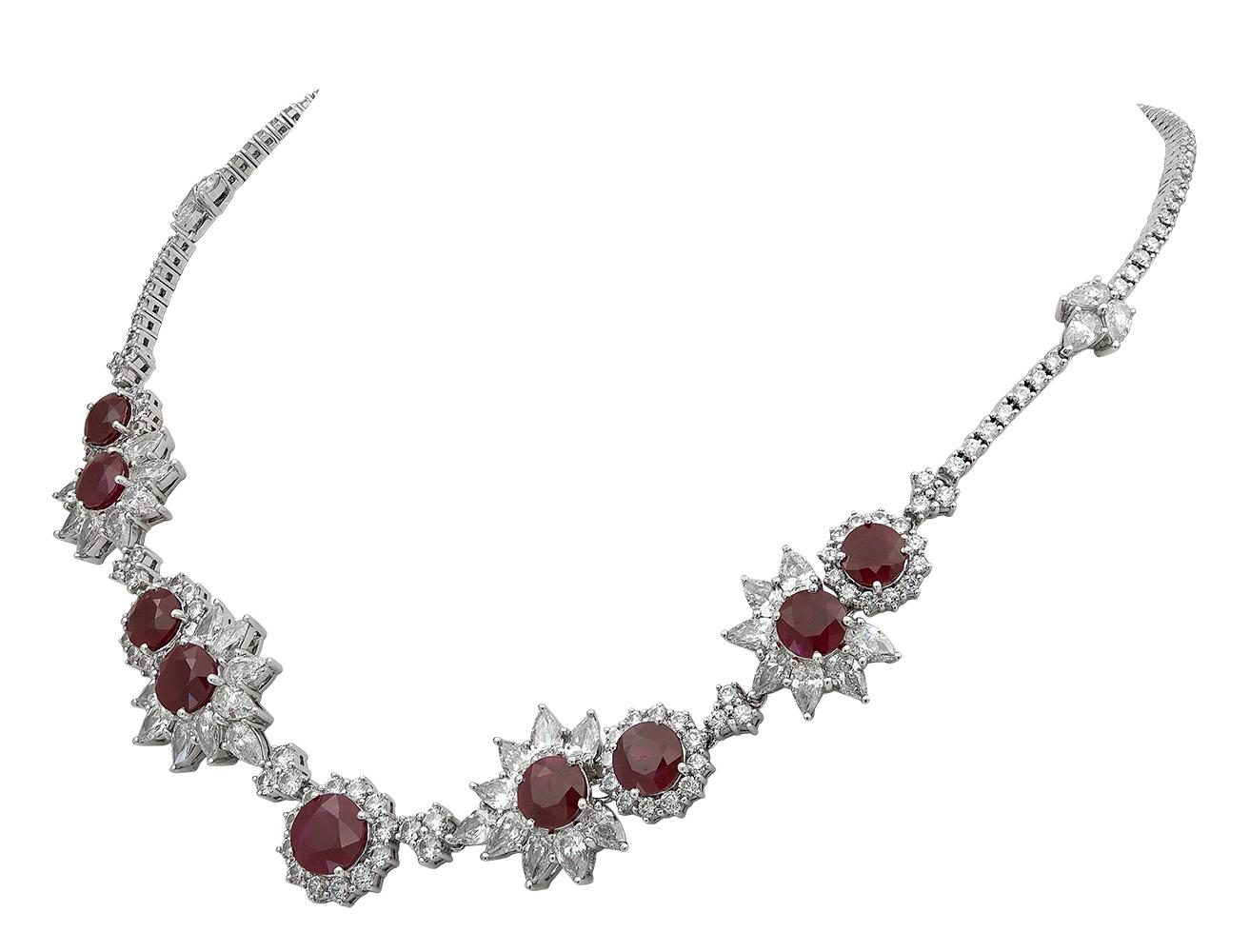 Round Cut 40.89 Carat Round Ruby and Diamond Halo Necklace For Sale