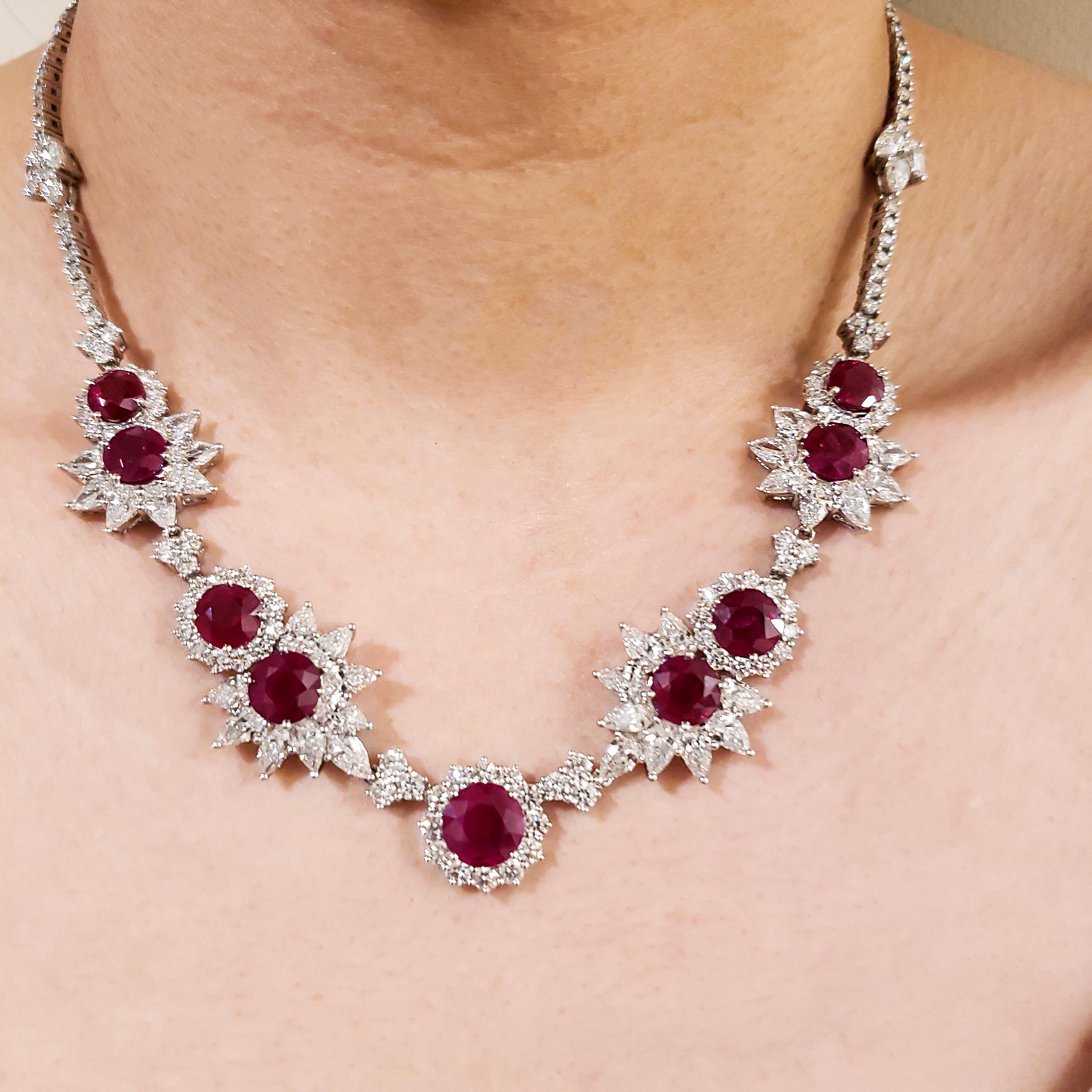 40.89 Carat Round Ruby and Diamond Halo Necklace For Sale 1