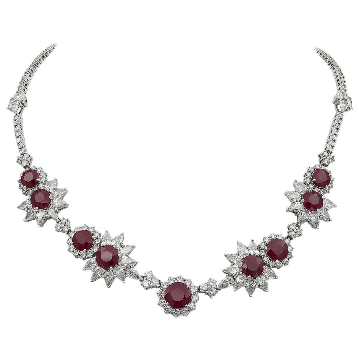 40.89 Carat Round Ruby and Diamond Halo Necklace For Sale