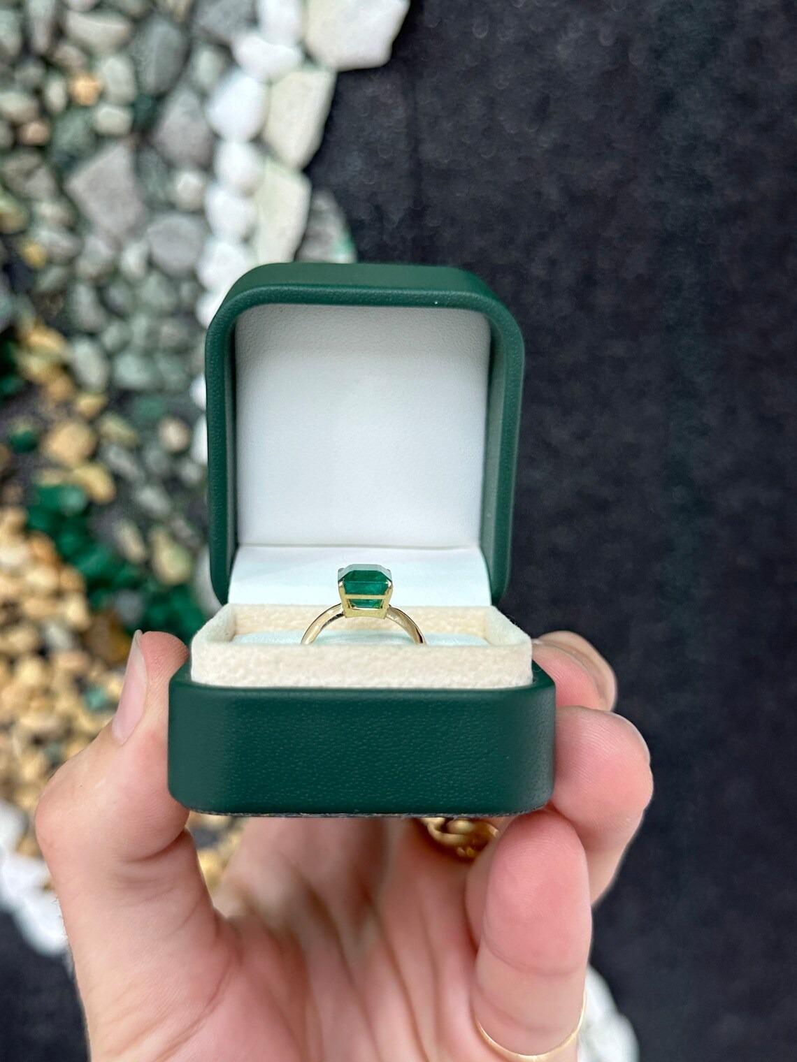 4.08ct 14K Rich Green Emerald Cut Emerald Solitaire 4 Claw Prong Engagement Ring In New Condition For Sale In Jupiter, FL