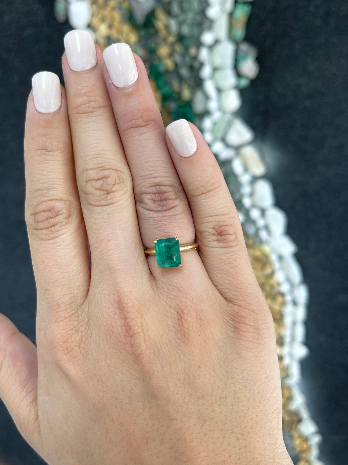 Women's 4.08ct 14K Rich Green Emerald Cut Emerald Solitaire 4 Claw Prong Engagement Ring For Sale