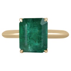 Used 4.08ct 14K Rich Green Emerald Cut Emerald Solitaire 4 Claw Prong Engagement Ring