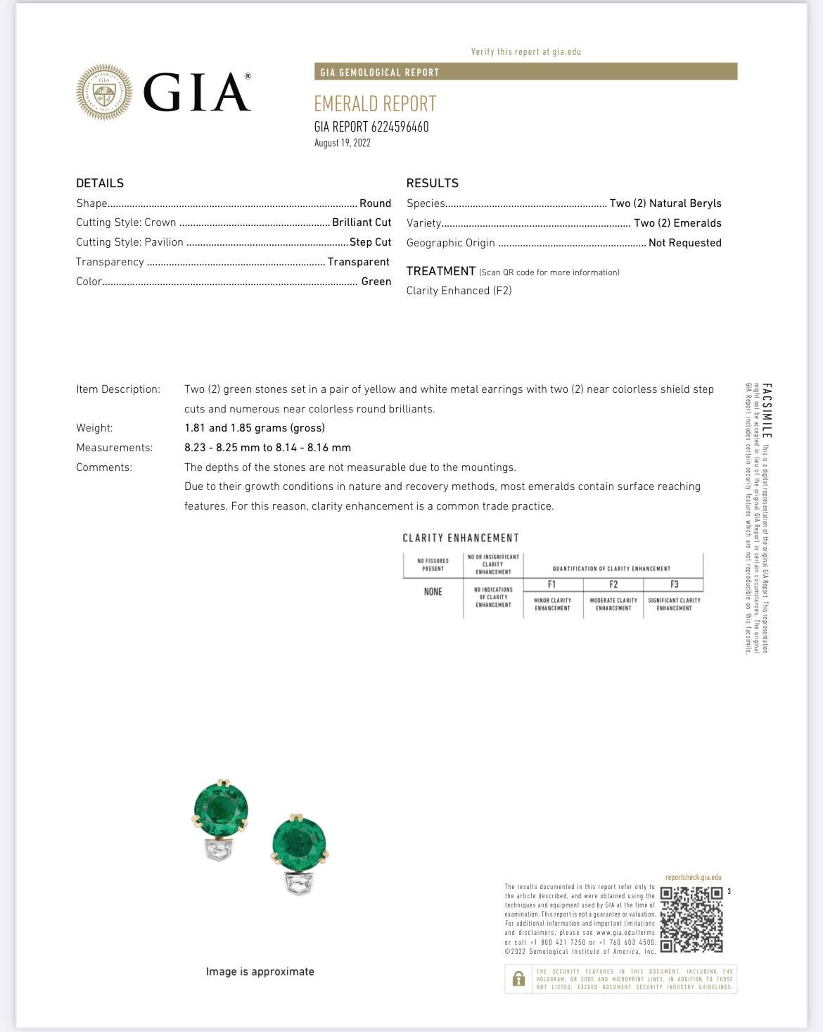 A pair of exceptional emeralds, weighing 4.08 carats, exudes timeless elegance in these verdant 18K yellow with white gold earrings. Accented by two cadillac-cut diamonds 0.35ct and round brilliant-cut diamonds totaling 0.12ct. Earrings are