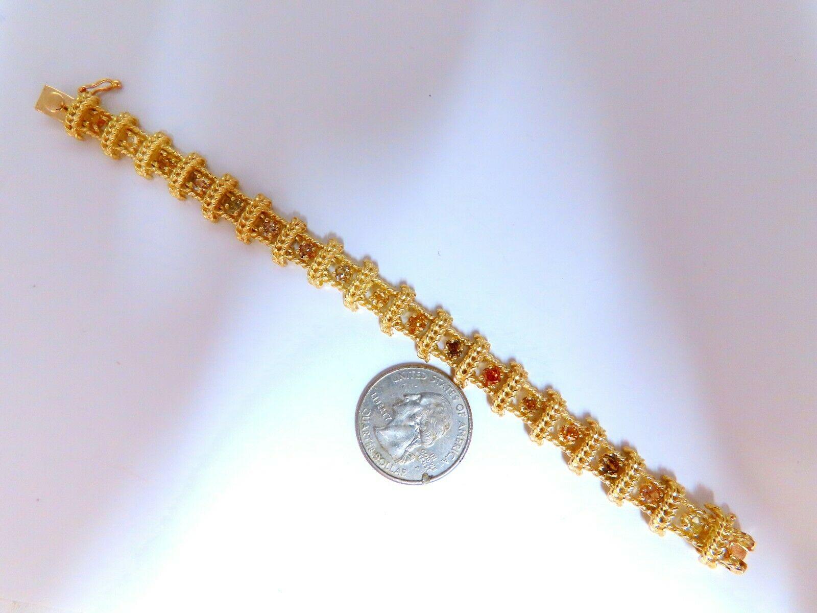 Round Cut 4.08ct Natural Yellow Orange Green Brown Fancy Color Diamonds Link Bracelet 14kt For Sale