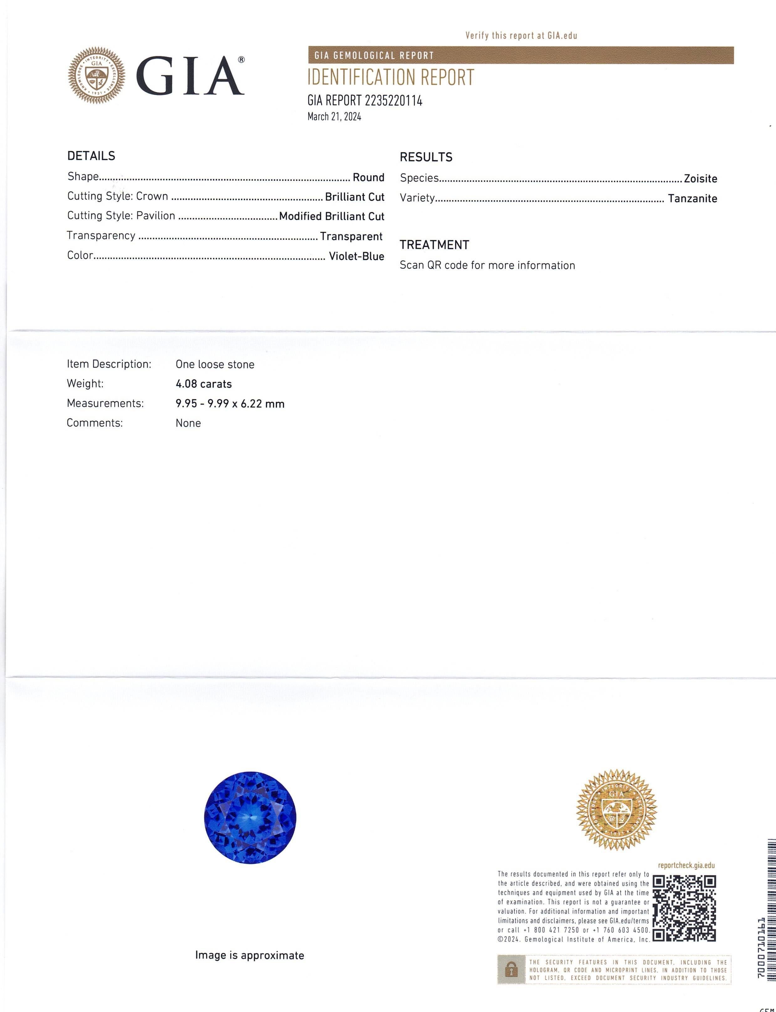 This is a stunning GIA Certified Tanzanite 


The GIA report reads as follows:

GIA Report Number: 2235220114
Shape: Round
Cutting Style: 
Cutting Style: Crown: Brilliant Cut
Cutting Style: Pavilion: Modified Brilliant Cut
Transparency: