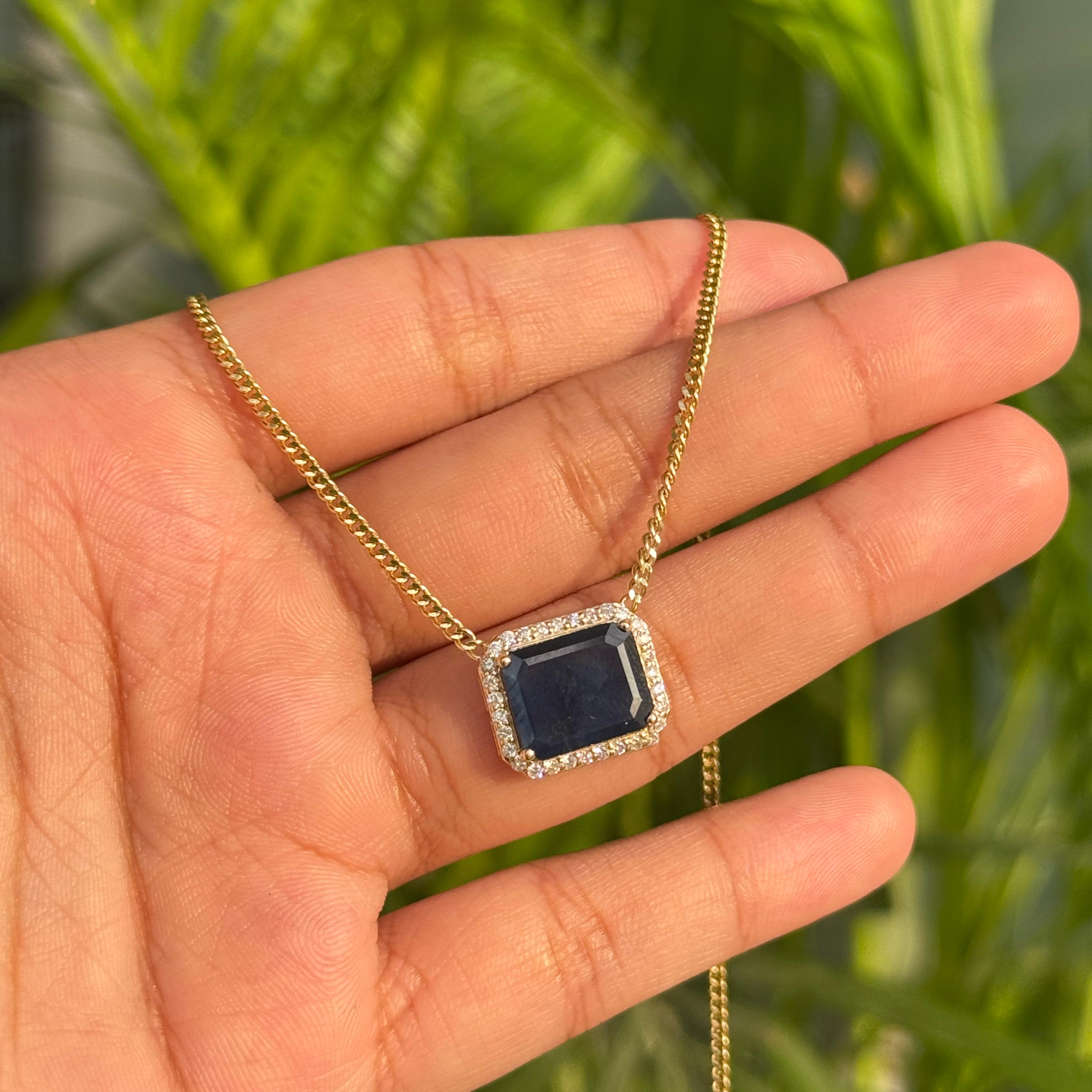 Collana con zaffiro e diamante a raggiera da 4,08 carati con catena a cordoncino in oro giallo 14 carati in vendita 4