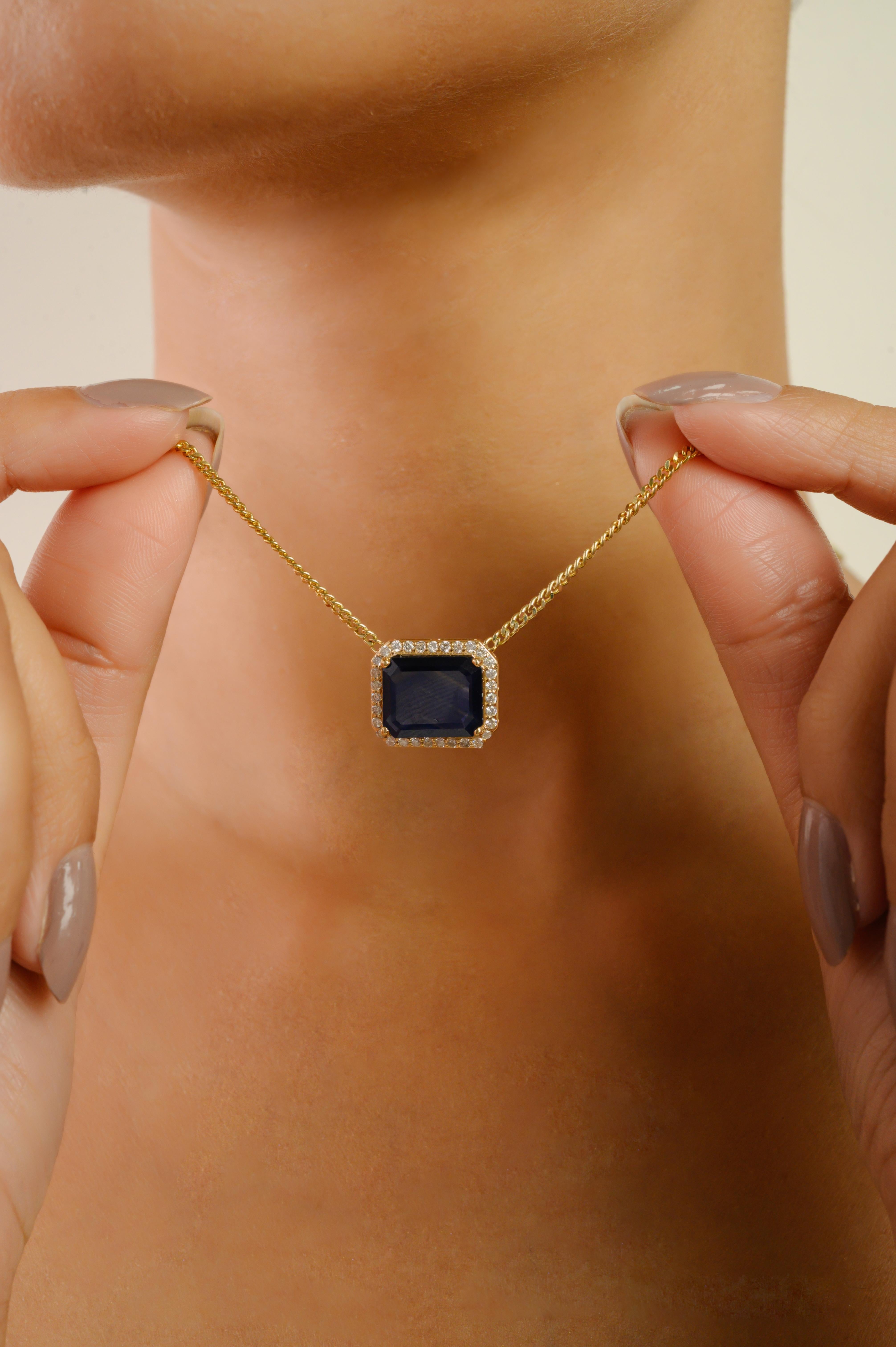 Collana con zaffiro e diamante a raggiera da 4,08 carati con catena a cordoncino in oro giallo 14 carati in vendita 5