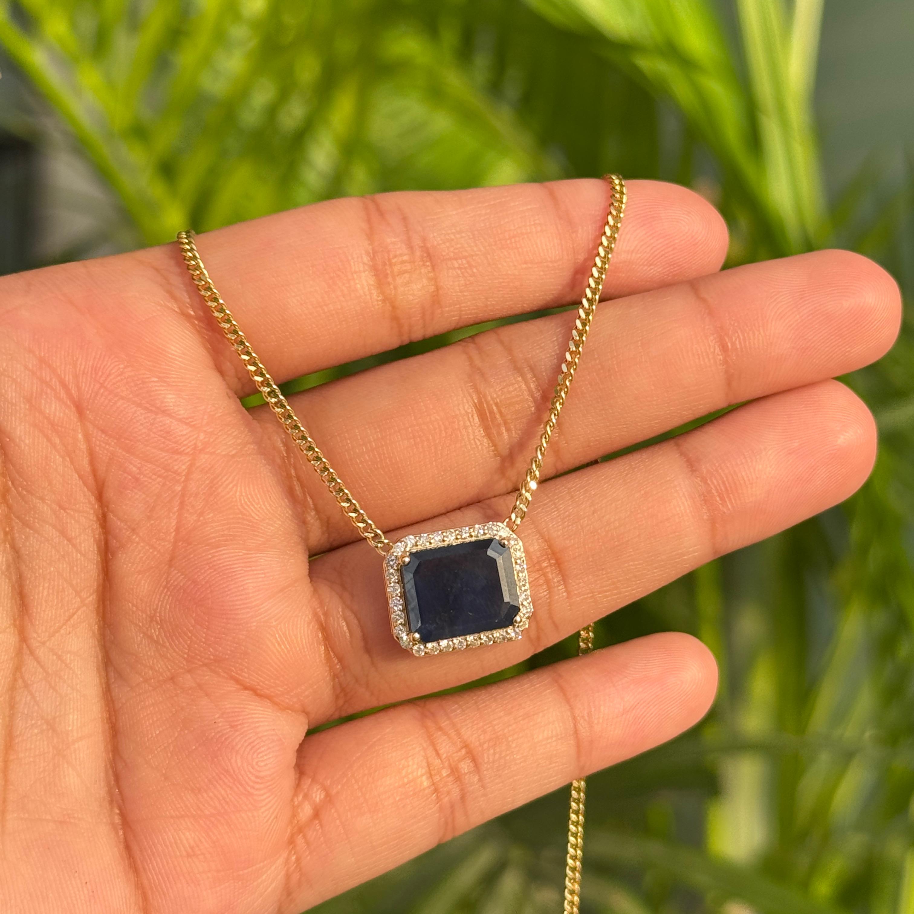 Ottagono Collana con zaffiro e diamante a raggiera da 4,08 carati con catena a cordoncino in oro giallo 14 carati in vendita