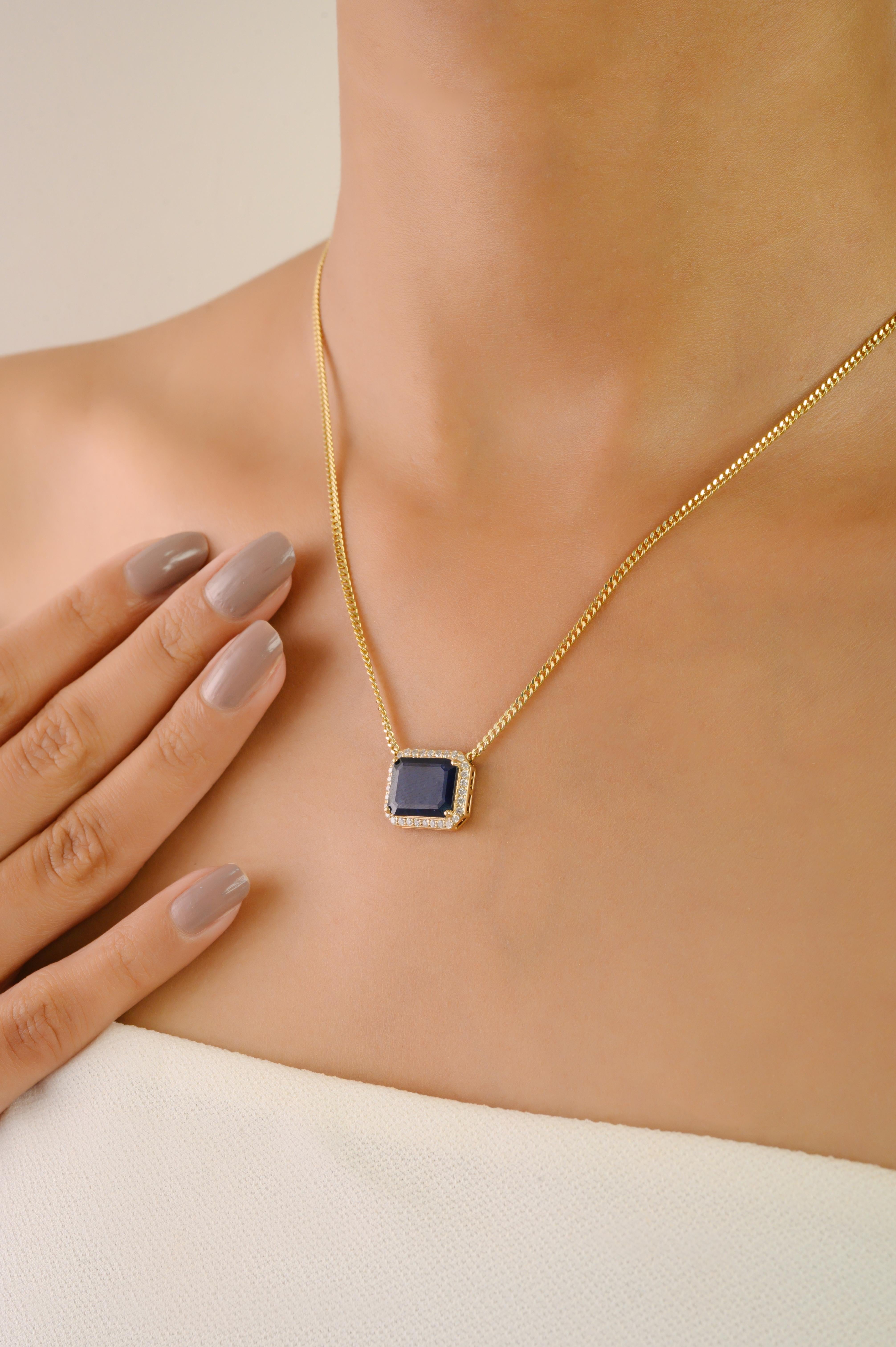 Collana con zaffiro e diamante a raggiera da 4,08 carati con catena a cordoncino in oro giallo 14 carati In condizioni Nuovo in vendita a New York, NY