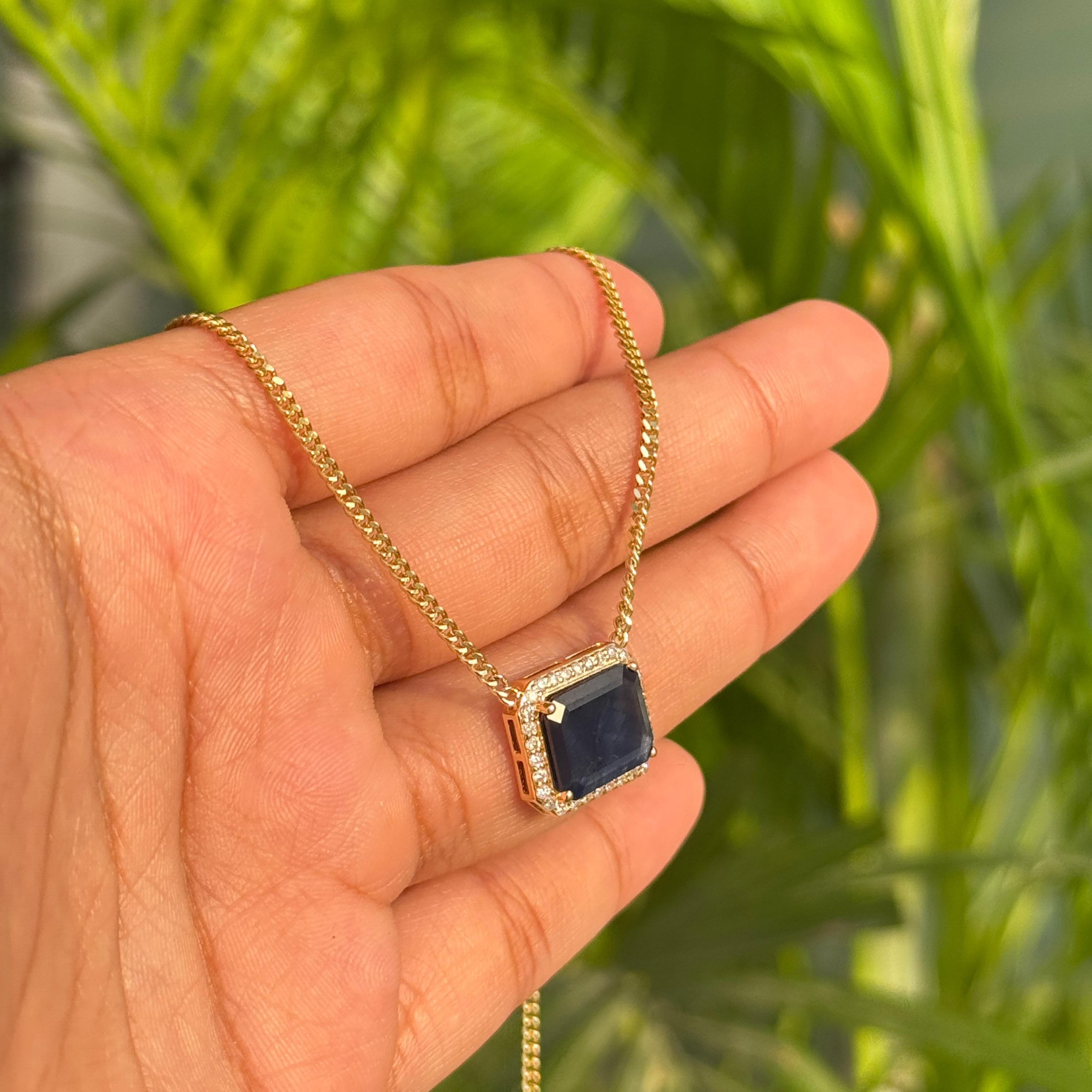 Collana con zaffiro e diamante a raggiera da 4,08 carati con catena a cordoncino in oro giallo 14 carati in vendita 1