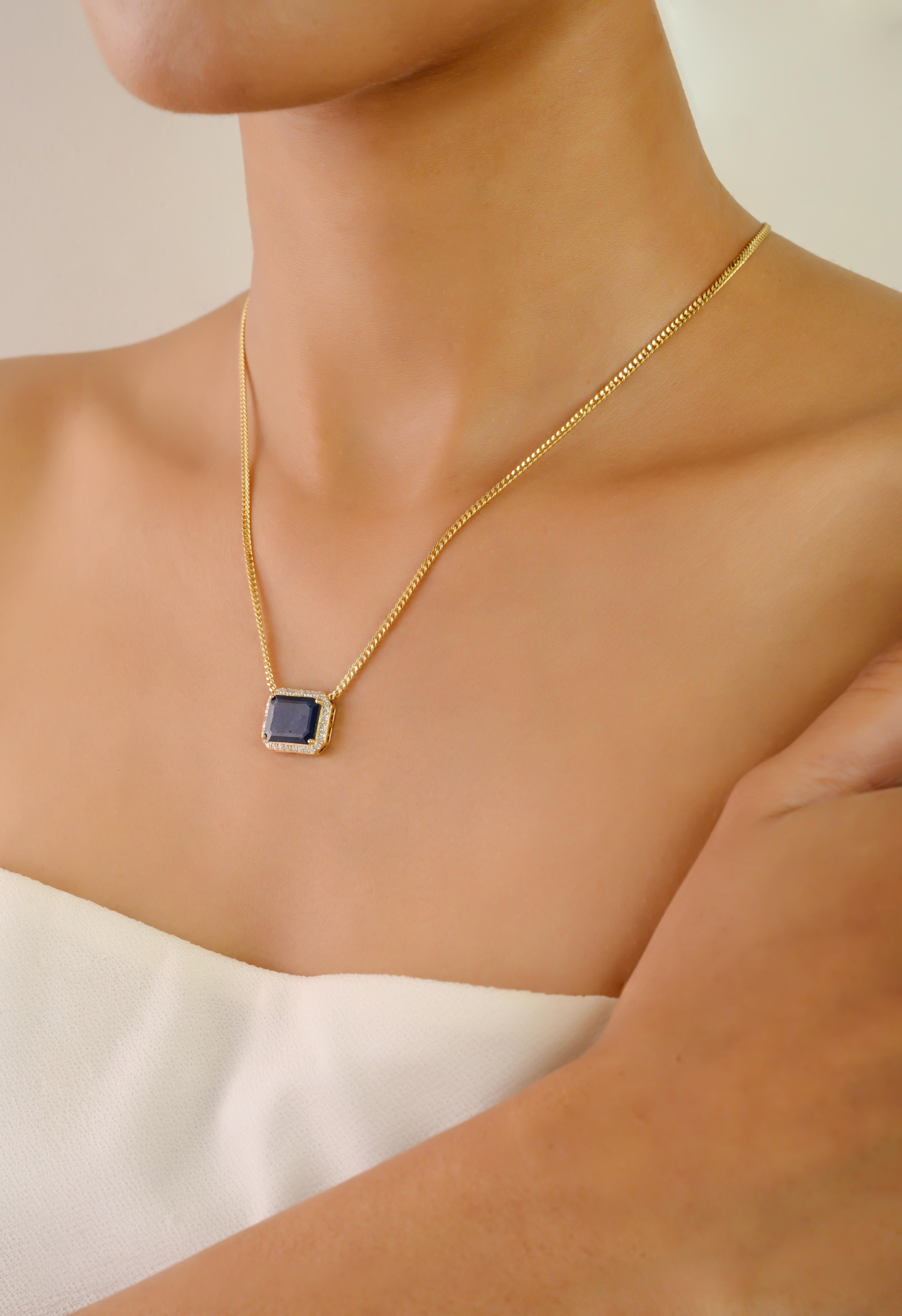 Collana con zaffiro e diamante a raggiera da 4,08 carati con catena a cordoncino in oro giallo 14 carati in vendita 2