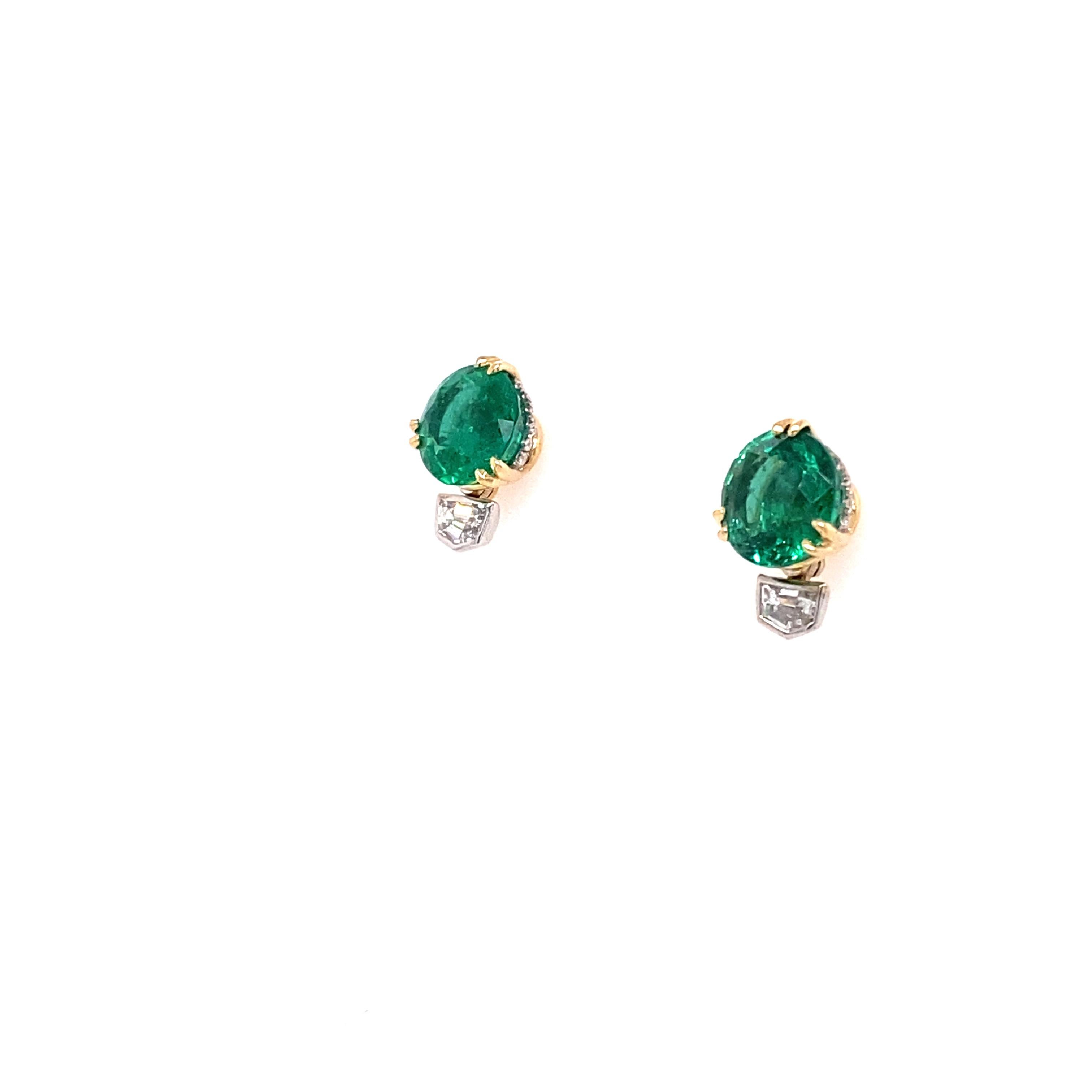 Round Cut 4.08ctw Zambian Emeralds and .47ctw Diamond Studs in 18 Kt Yellow & White Gold For Sale