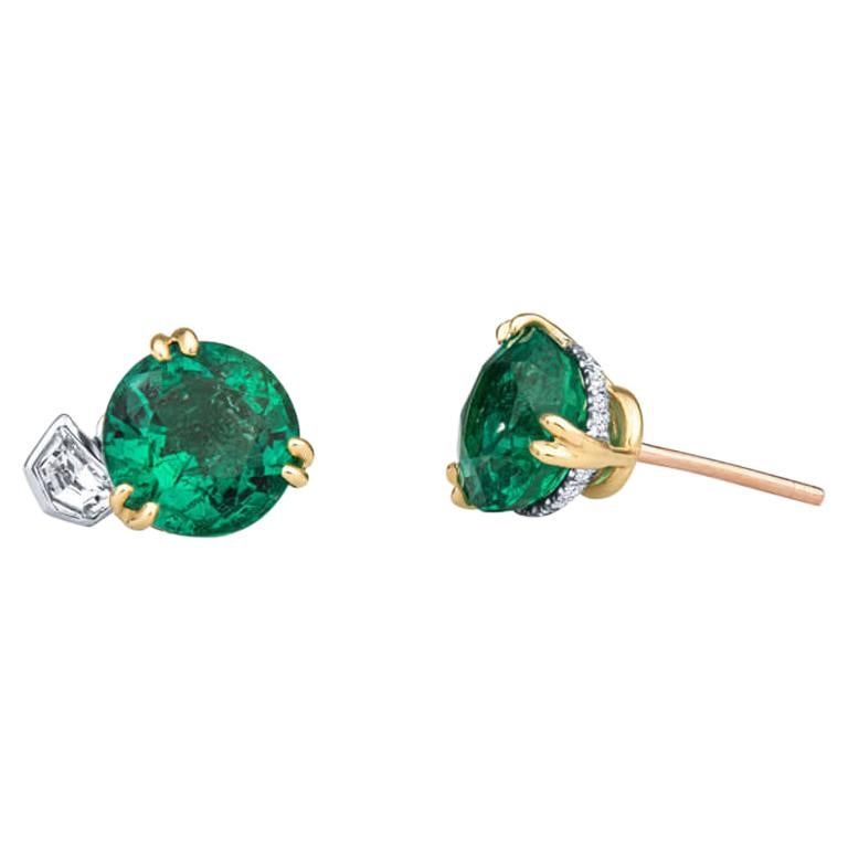 4.08ctw Zambian Emeralds and .47ctw Diamond Studs in 18 Kt Yellow & White Gold For Sale
