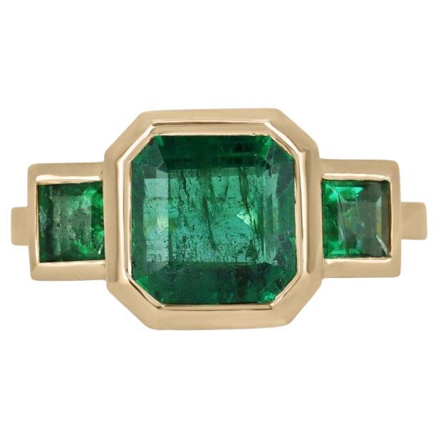 4.08tcw 14K Asscher Cut Emerald Three-Stone Ring - Rich Green Bezel Set Gold