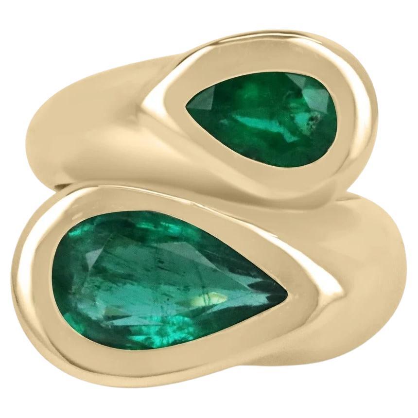 4.08tcw Dark Green Tear Drop Emerald Bypass Two Stone Bezel Statement Ring 14K For Sale