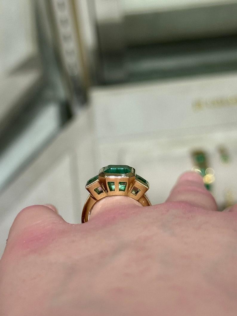 Women's 4.08tcw 14K Gold Asscher Cut Emerald Trilogy Ring, Princess Cut Accent, Bezel Se For Sale