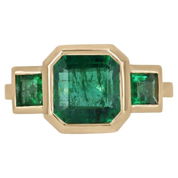 4.08tcw 14K Gold Asscher Cut Emerald Trilogy Ring, Princess Cut Accent, Bezel Se