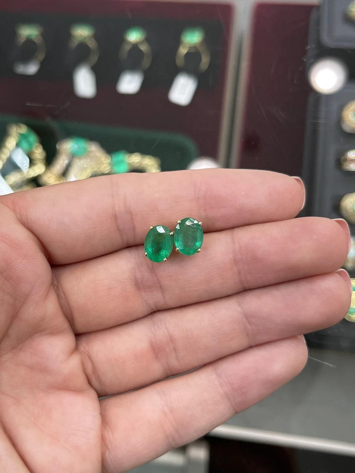 4.08tcw 14K Natural Emerald-Oval Cut 4 Prong Stud Gold Earrings In New Condition For Sale In Jupiter, FL
