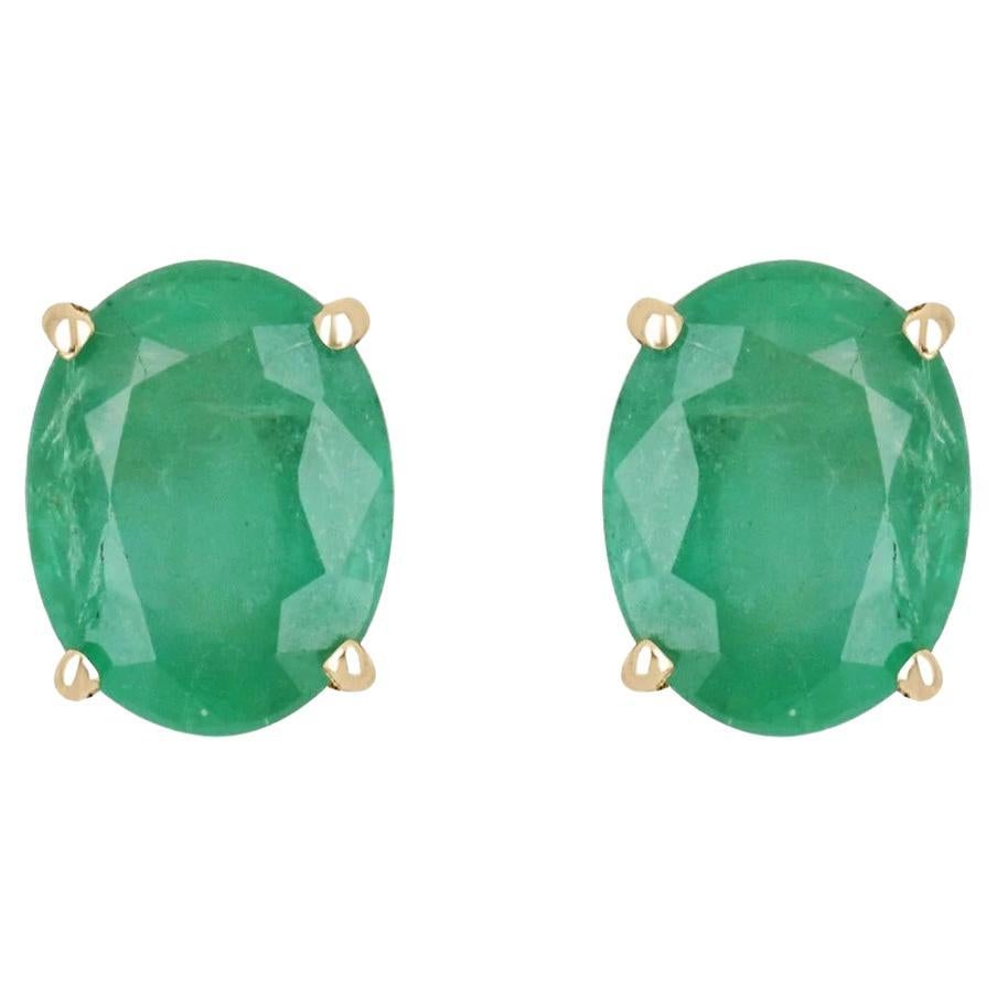 4.08tcw 14K Natural Emerald-Oval Cut 4 Prong Stud Gold Earrings For Sale