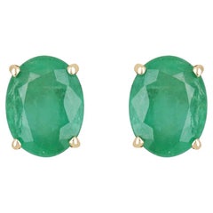 4.08tcw 14K Natural Emerald-Oval Cut 4 Prong Stud Gold Earrings