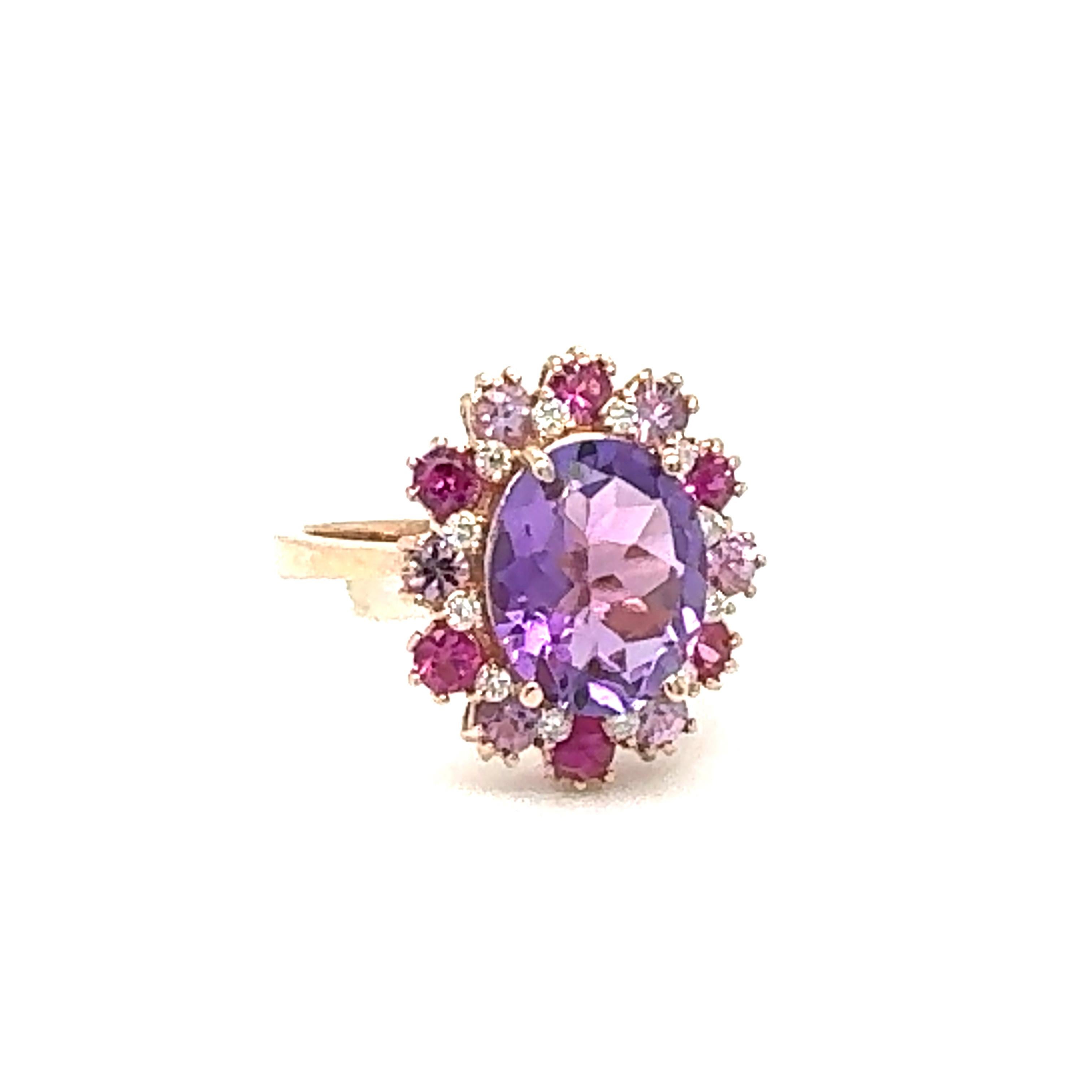 Contemporary 4.09 Carat Amethyst Pink Sapphire Diamond Rose Gold Cocktail Ring For Sale