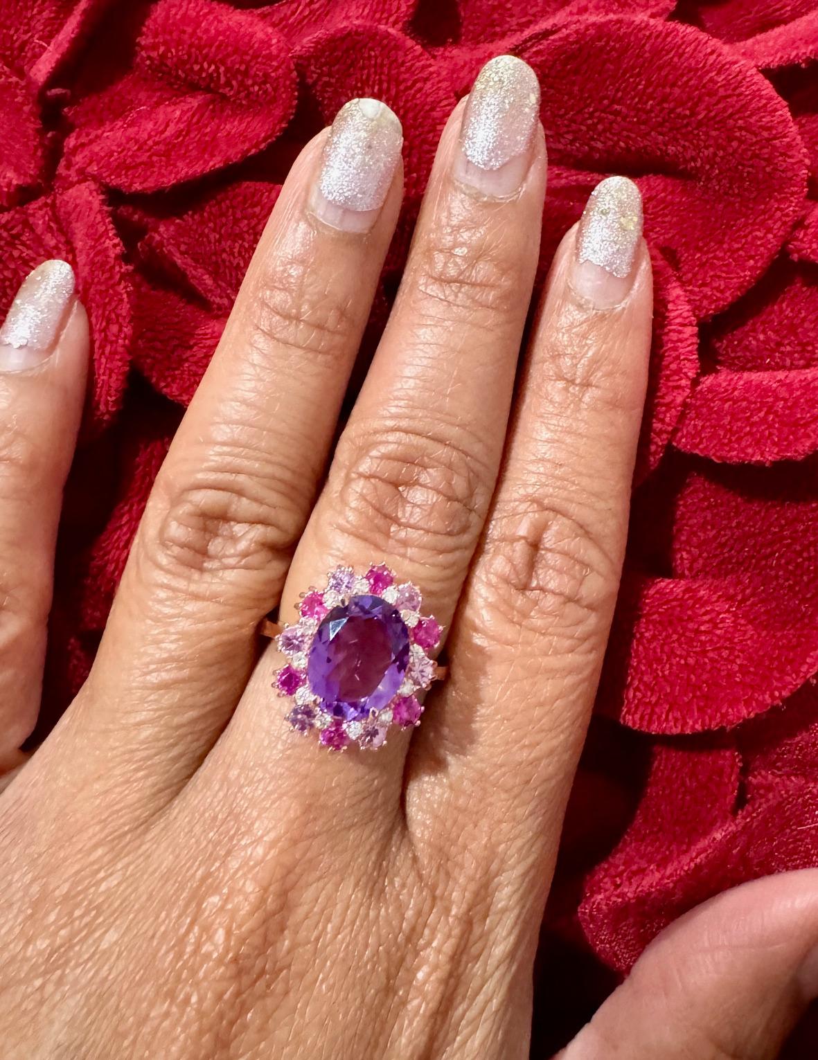Women's 4.09 Carat Amethyst Pink Sapphire Diamond Rose Gold Cocktail Ring For Sale