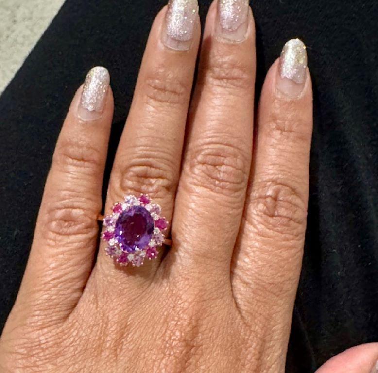 4.09 Carat Amethyst Pink Sapphire Diamond Rose Gold Cocktail Ring For Sale 1