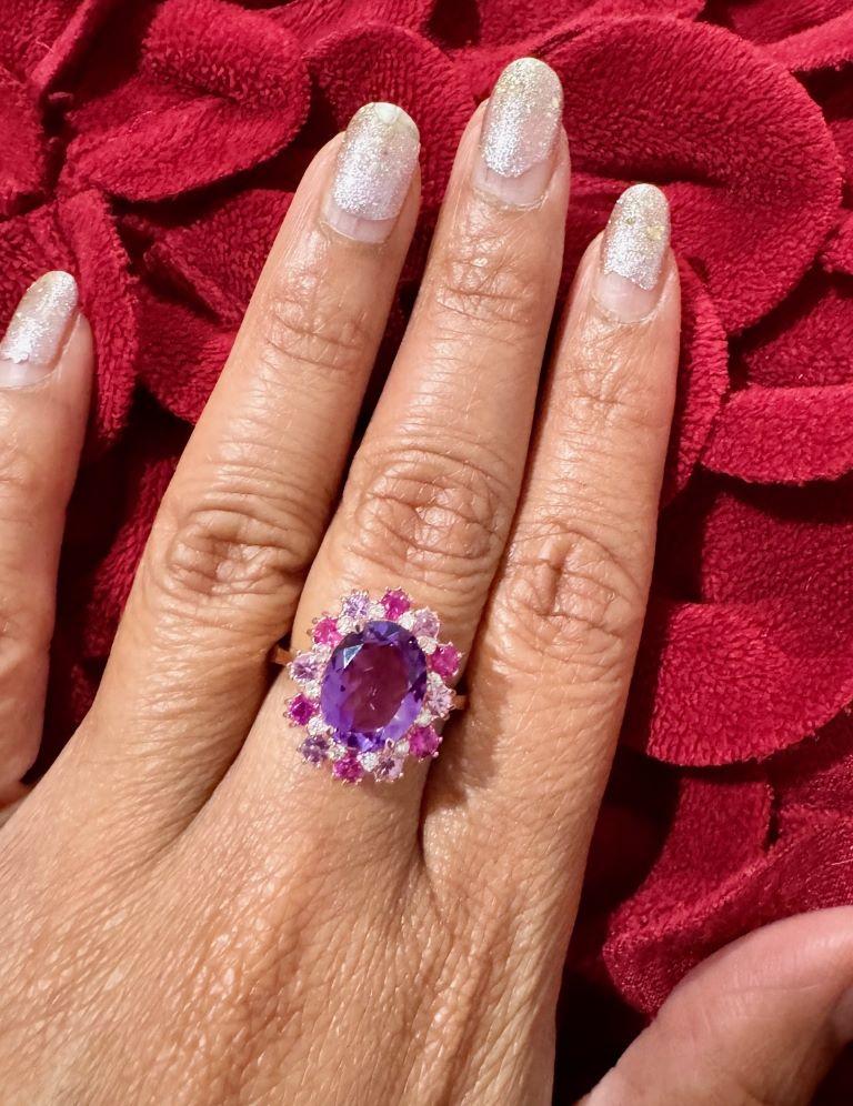 4.09 Carat Amethyst Pink Sapphire Diamond Rose Gold Cocktail Ring For Sale 2