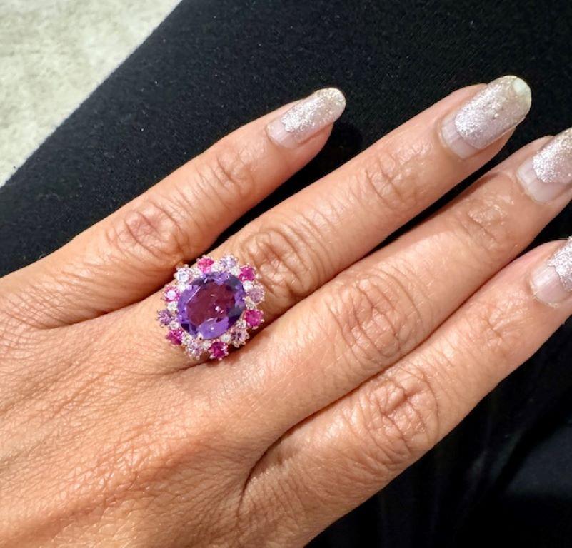 4.09 Carat Amethyst Pink Sapphire Diamond Rose Gold Cocktail Ring For Sale 3