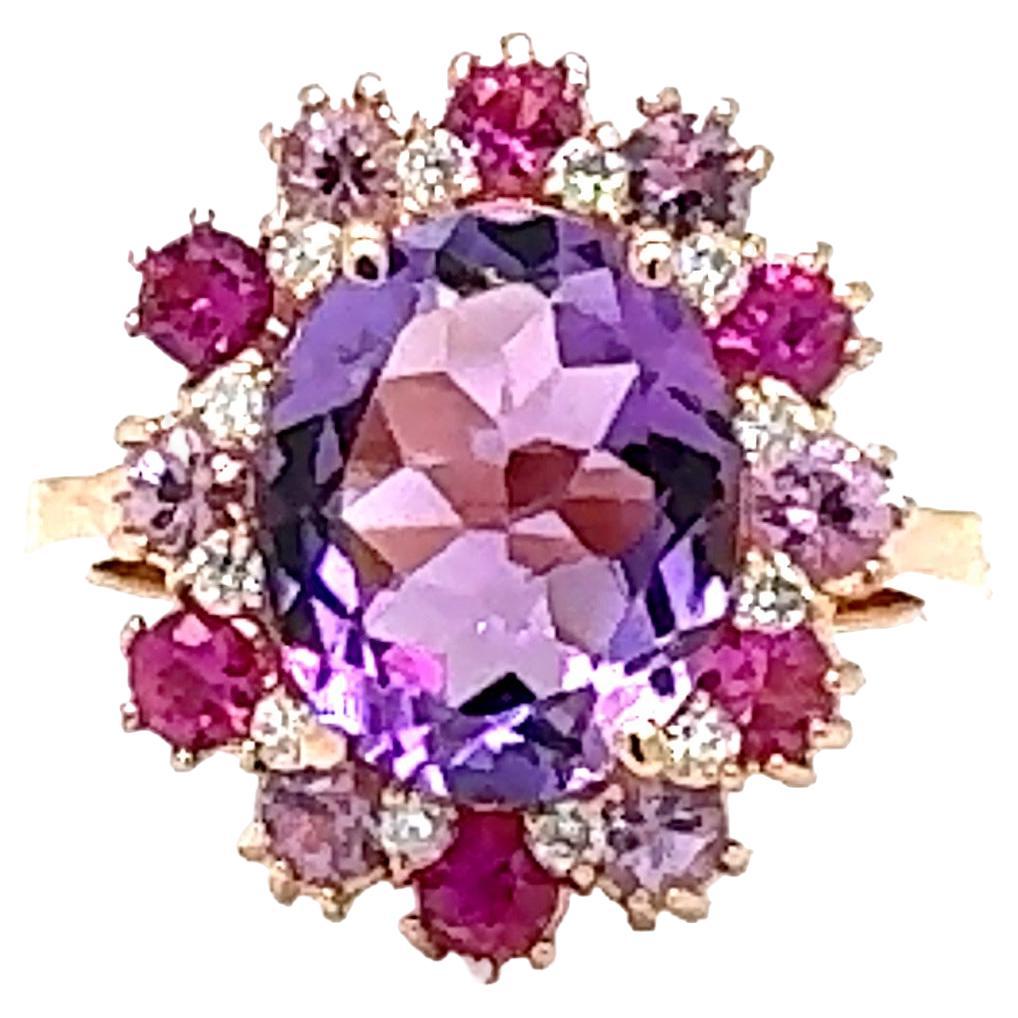 4.09 Carat Amethyst Pink Sapphire Diamond Rose Gold Cocktail Ring For Sale