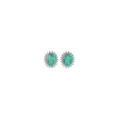 4.09 Carat Clear Zambian Emerald & Diamond Cluster Earring in 18K White gold