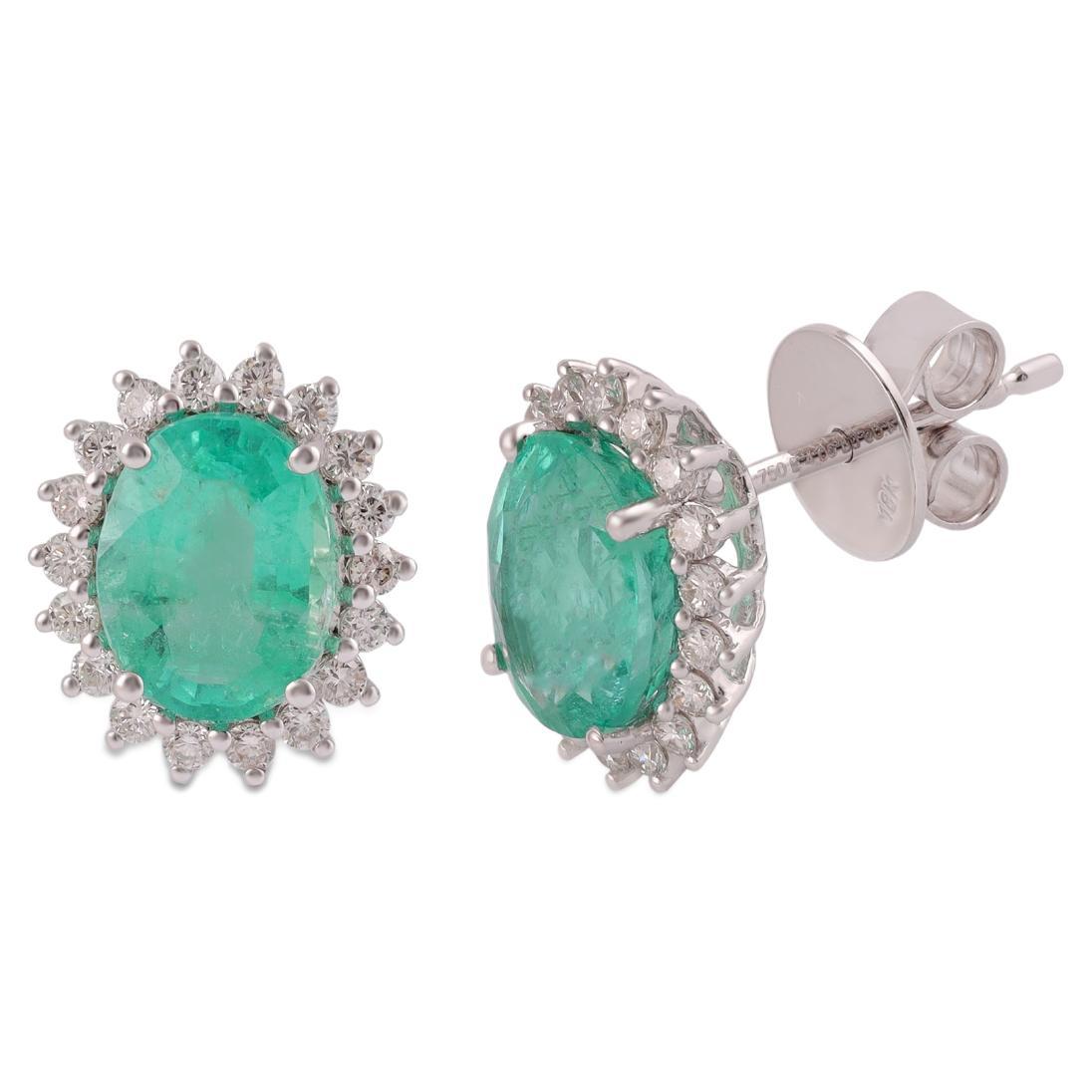 4.09 Carat Clear Zambian Emerald & Diamond Cluster Earring in 18K White gold For Sale