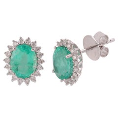 4.09 Carat Clear Zambian Emerald & Diamond Cluster Earring in 18K White gold