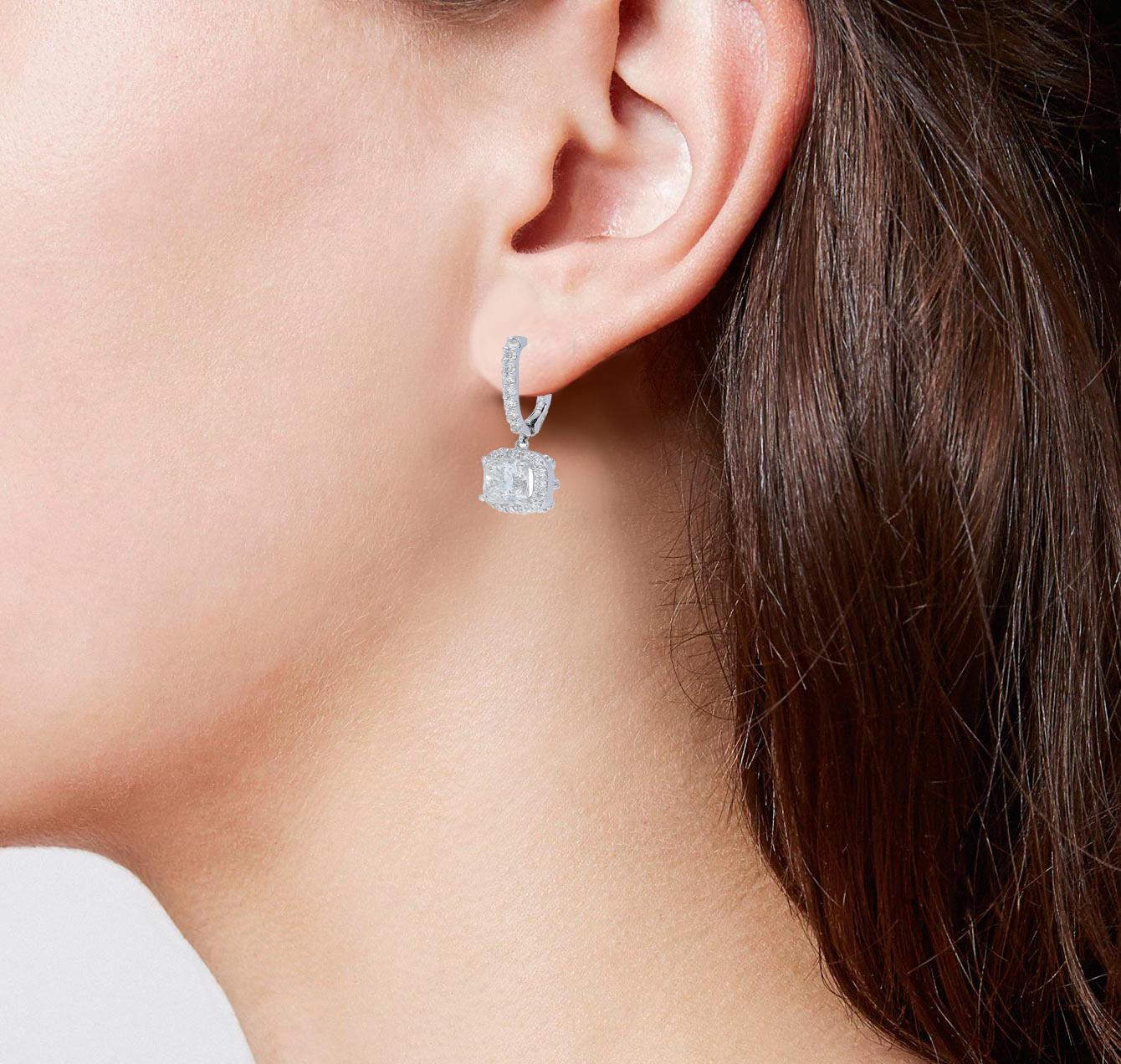 Contemporary 4.09 Carat Cushion Halo Drop Earrings  For Sale