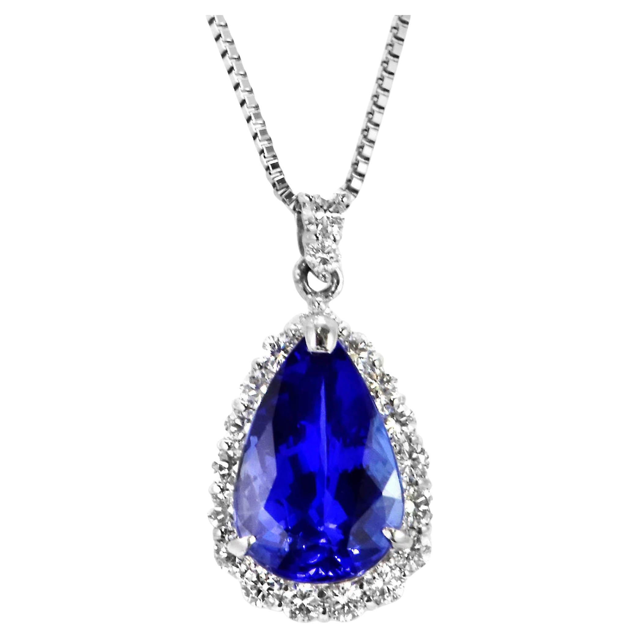 4.09 Carat Natural 'AAA' Tanzanite and Diamond Pendant Made in Platinum For Sale