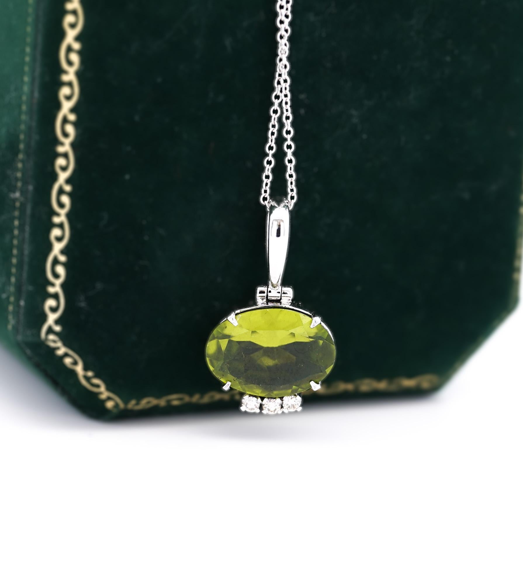 Oval Cut 4.09 Carat Peridot Pendant Necklace in 18K White Gold Cable Chain For Sale