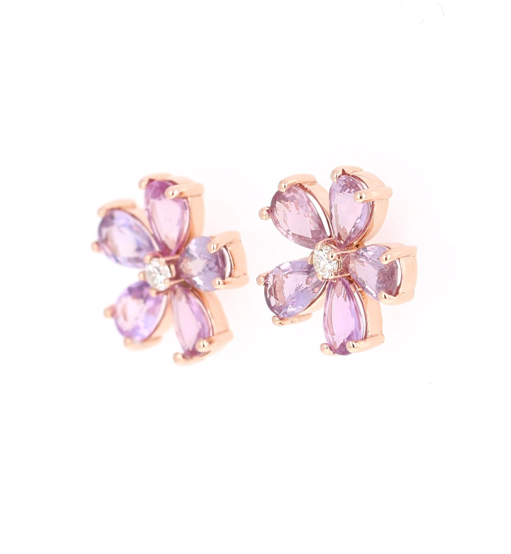 Modern 4.09 Carat Pink Purple Sapphire Diamond 18 Karat Rose Gold Earrings