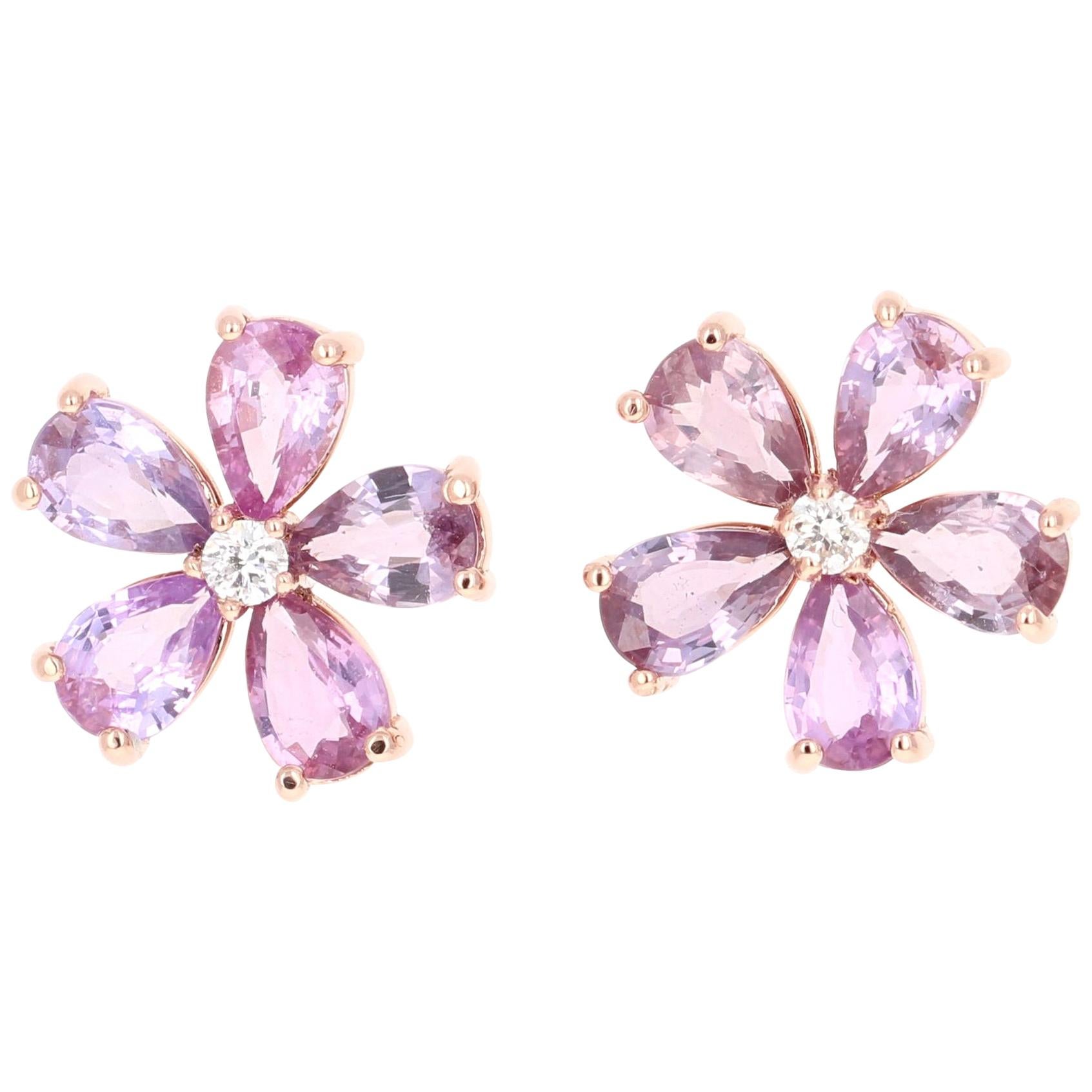 4.09 Carat Pink Purple Sapphire Diamond 18 Karat Rose Gold Earrings