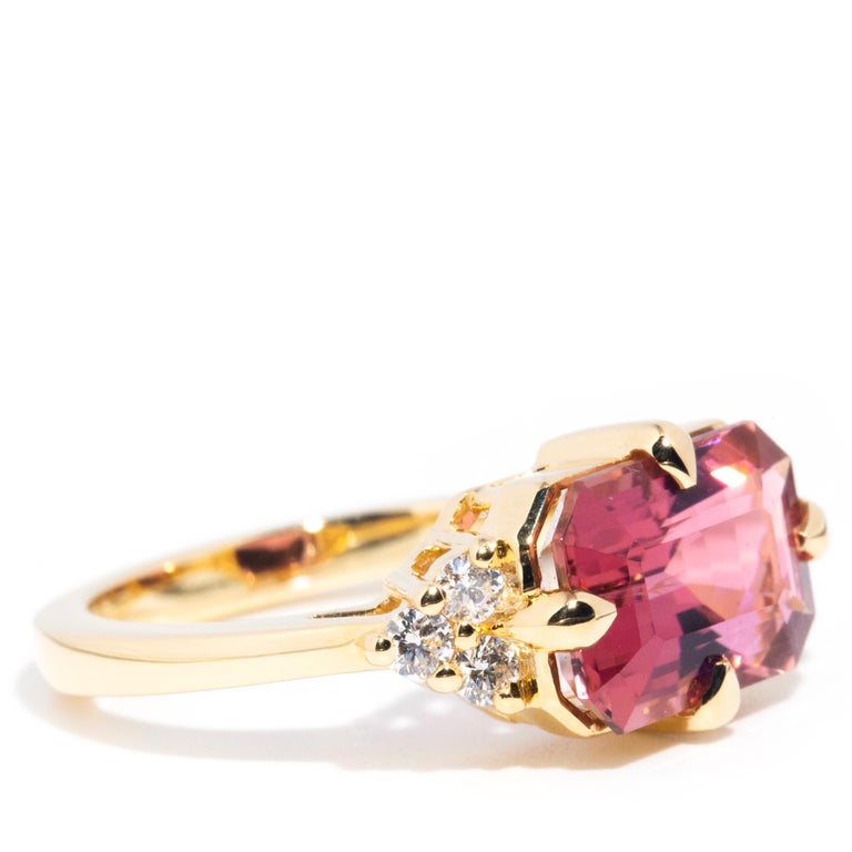 Emerald Cut 4.09 Carat Pink Tourmaline and Diamond Contemporary 18 Carat Yellow Gold Ring For Sale