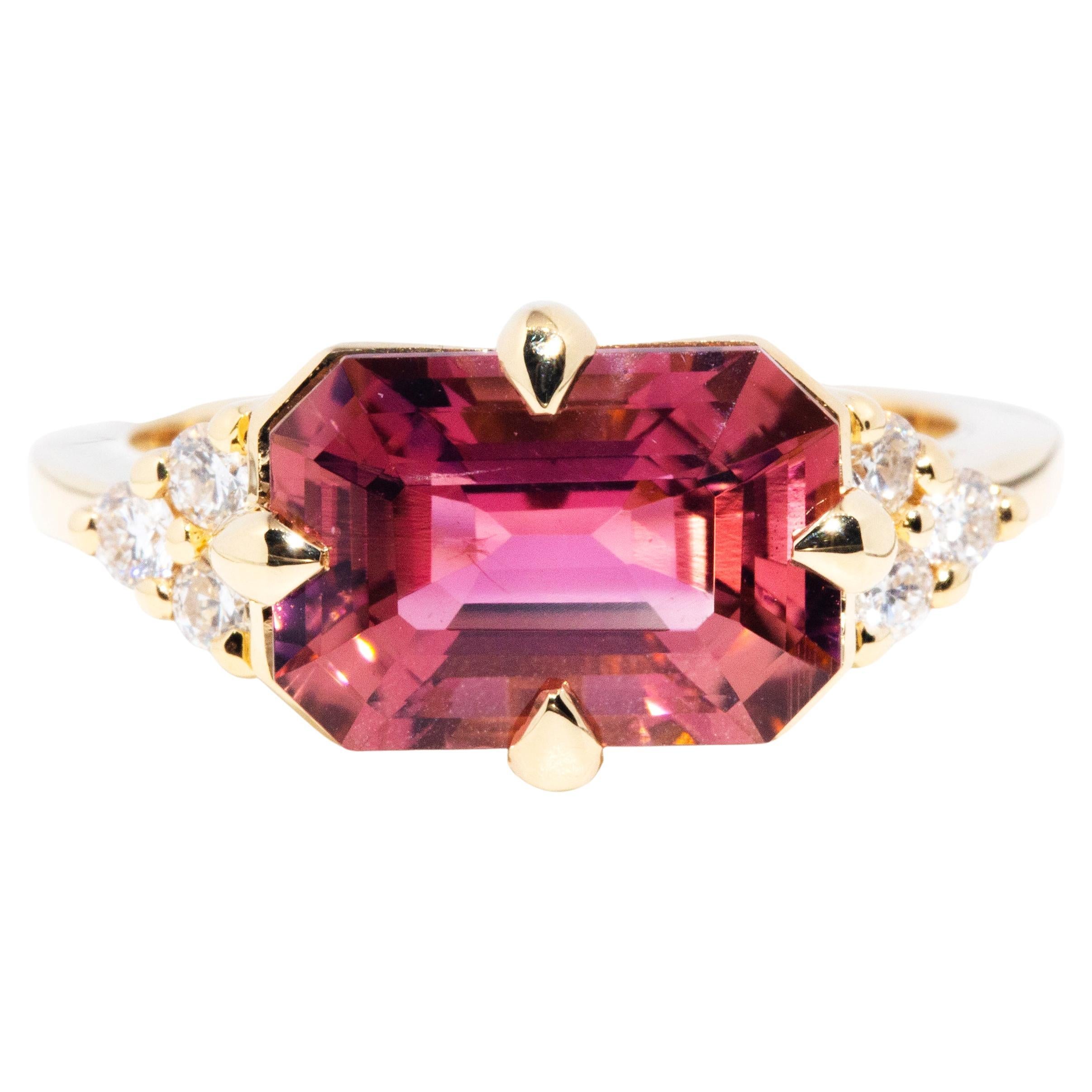 4.09 Carat Pink Tourmaline and Diamond Contemporary 18 Carat Yellow Gold Ring