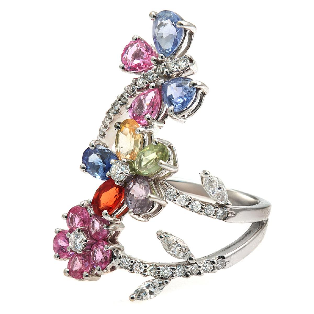 4.09 Ct Multi Sapphires & 0.36 Ct Diamonds 18k White Gold Flower Ring For Sale