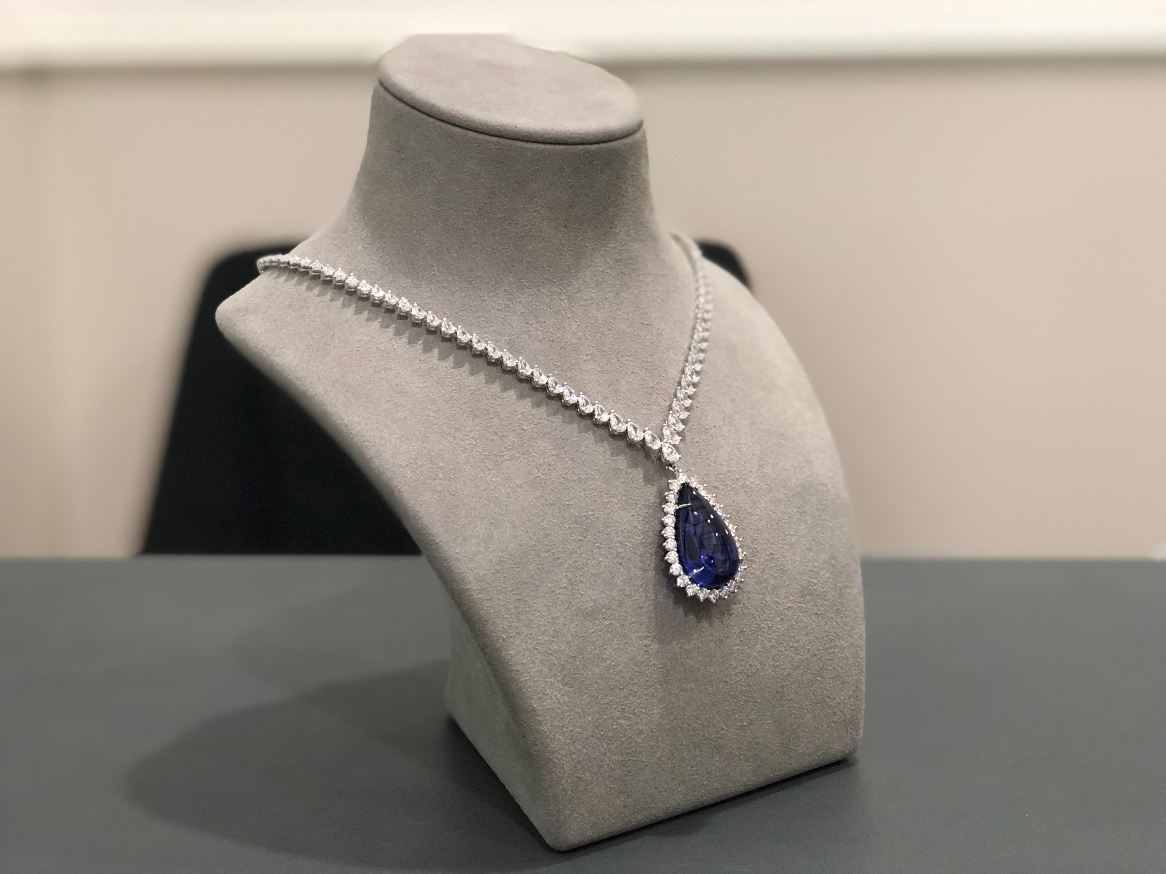 Modern 40.91 Carat Flawless Blue Pear Shape Tanzanite Diamond Pendant Necklace