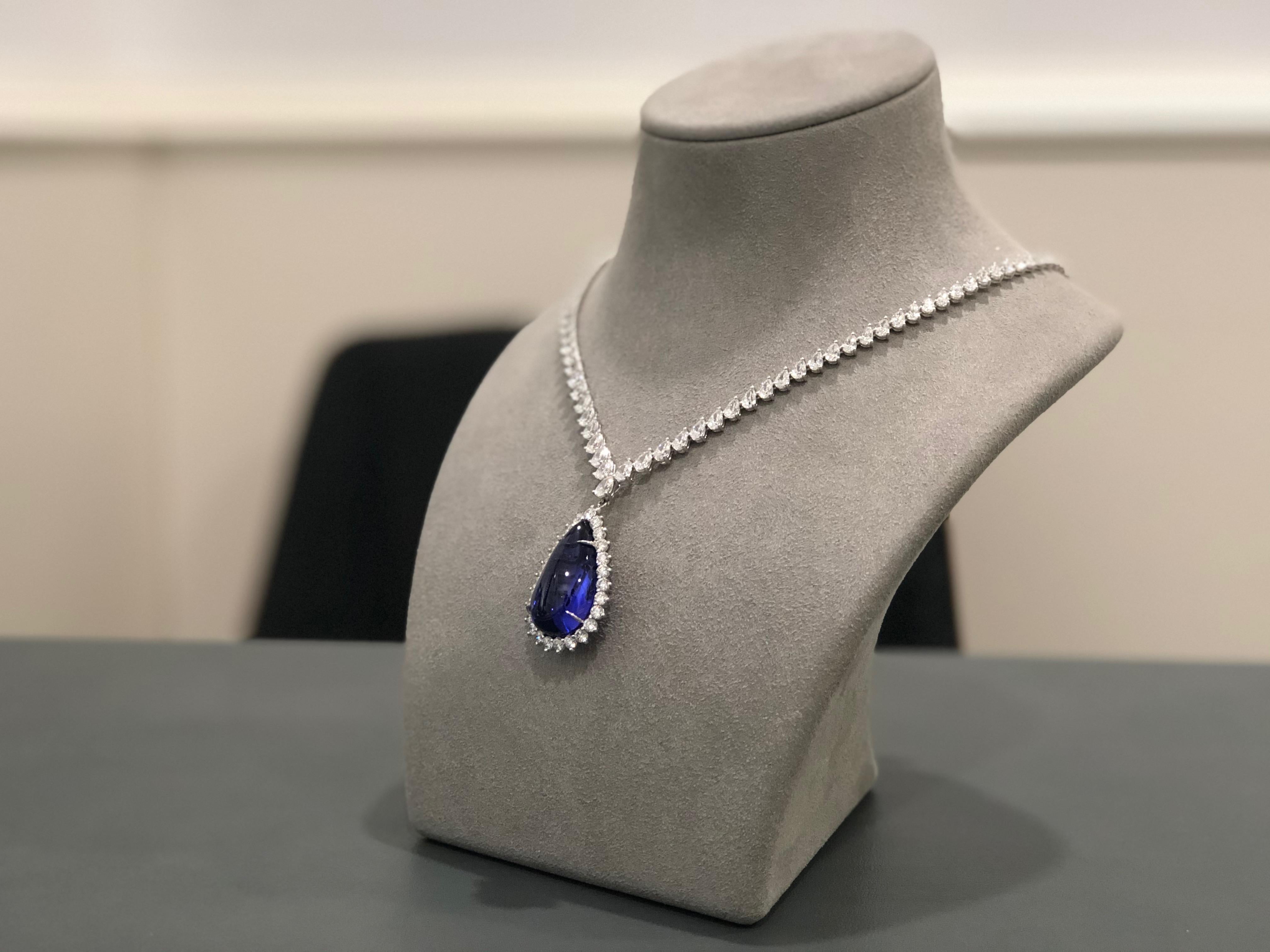 Pear Cut 40.91 Carat Flawless Blue Pear Shape Tanzanite Diamond Pendant Necklace