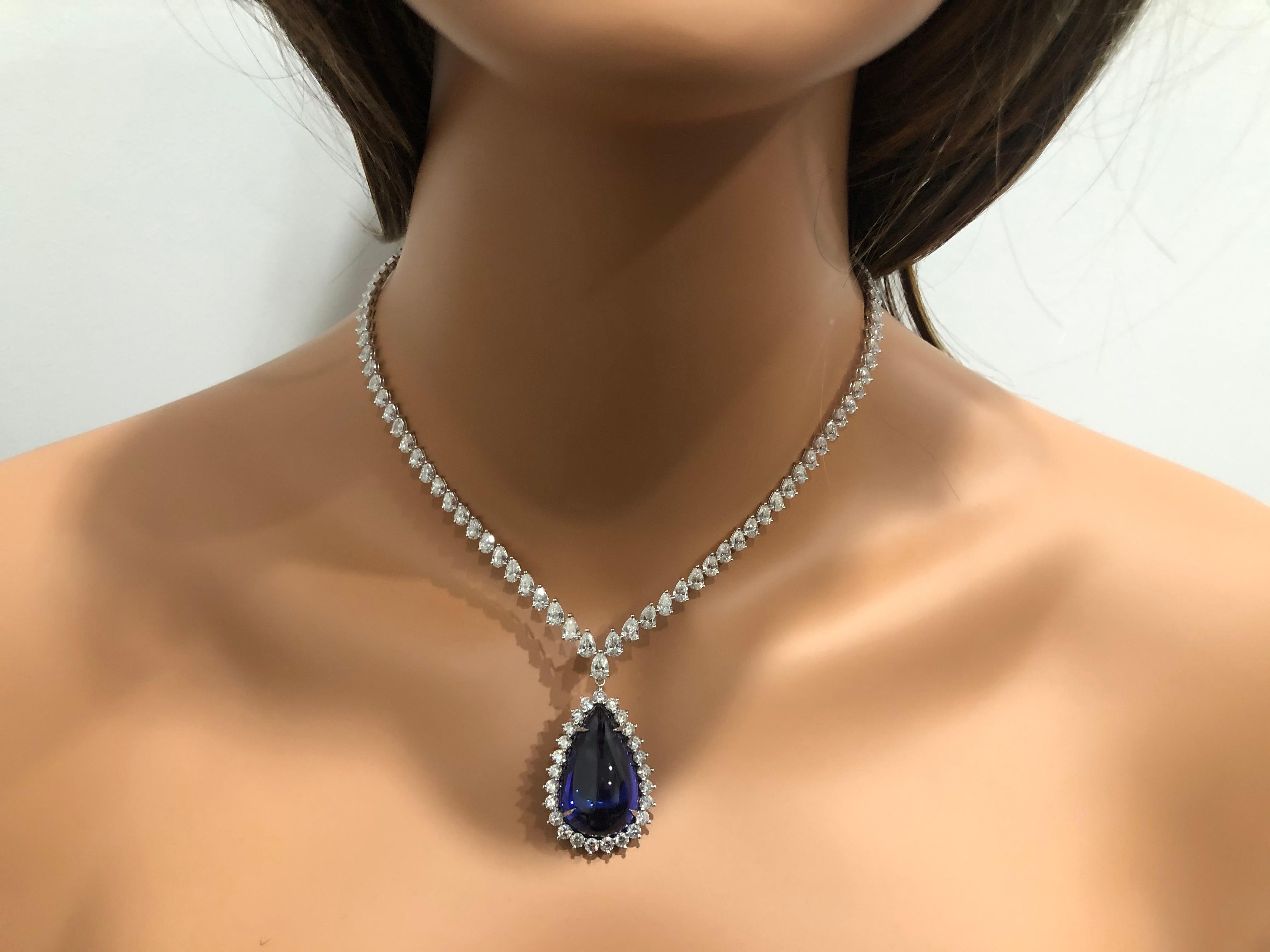 40.91 Carat Flawless Blue Pear Shape Tanzanite Diamond Pendant Necklace In New Condition In New York, NY